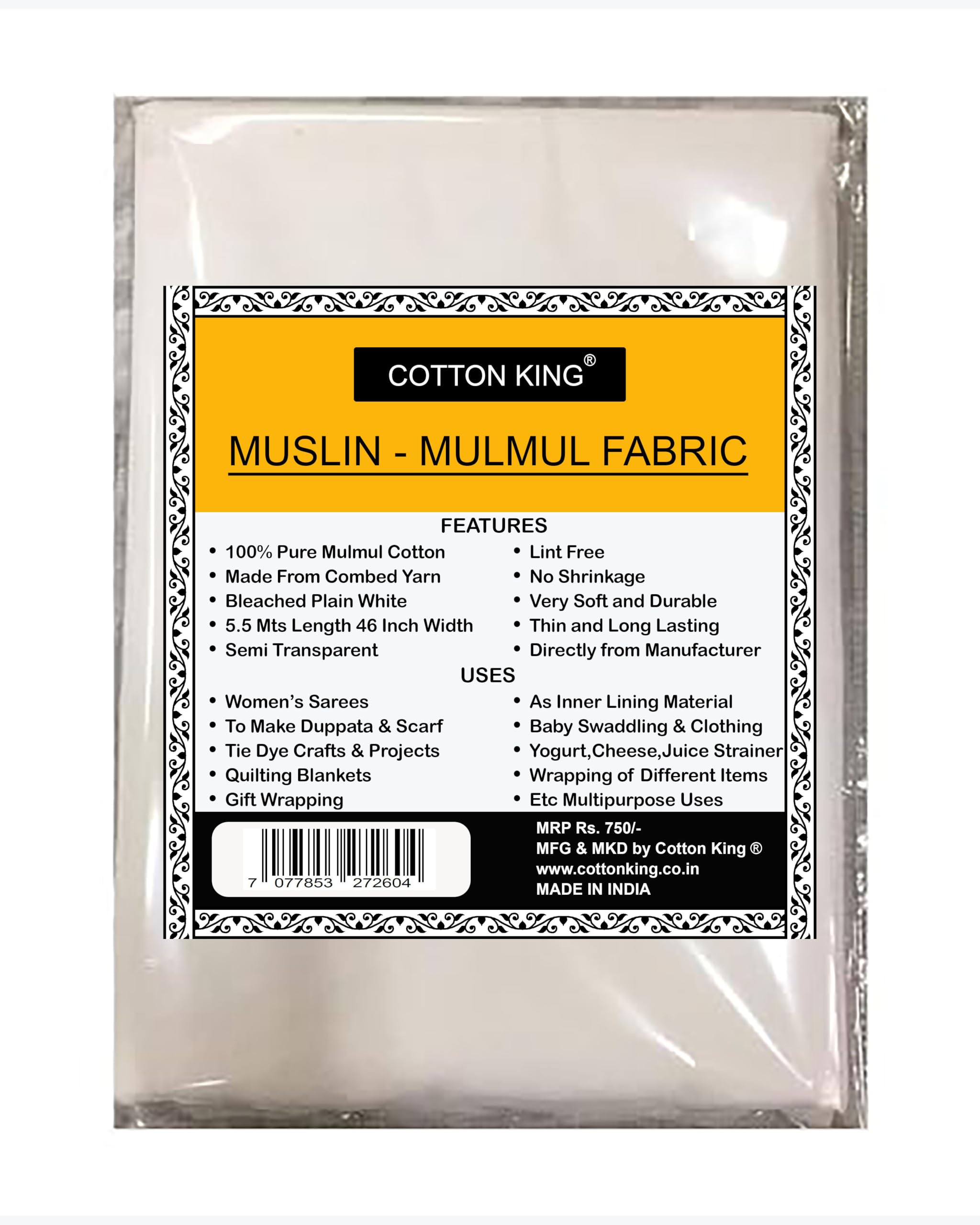 Cotton King Light Weight 100% Pure Soft Mulmul or Muslin 5.5 Meters Plain White Fabric for Saree, Dupatta, Scarf, Tie Dye Craft Making Etc. Multipurpose Uses.