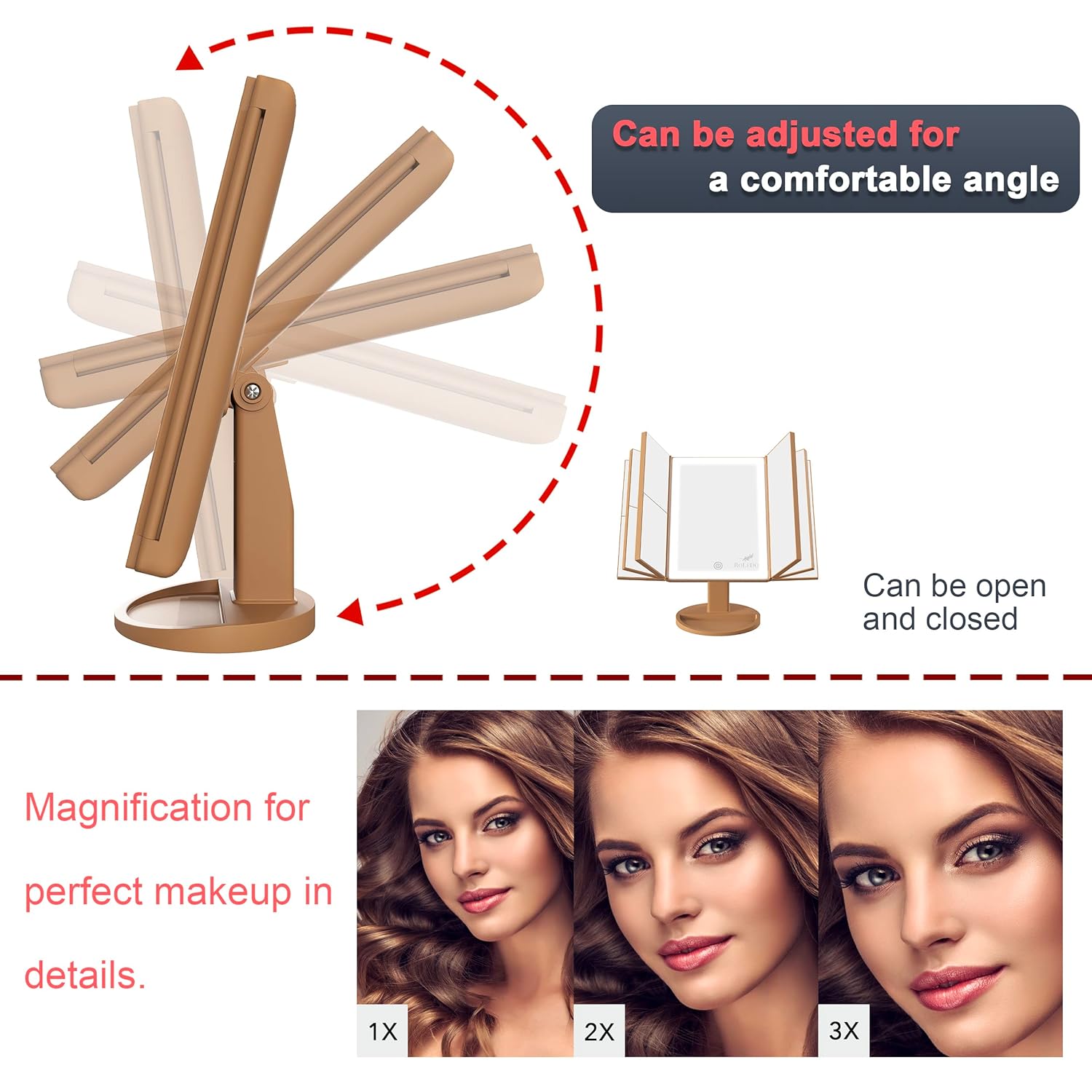 RoLeDo Lighted Makeup Mirror with Magnification 1X 2X 3X, Trifold Vanity Mirror with Lights, 72 LED Mirror, Touch Screen, 3 Color Lighting, Dual Power, Cheetah Print, Gifts for Women, Teen Girls