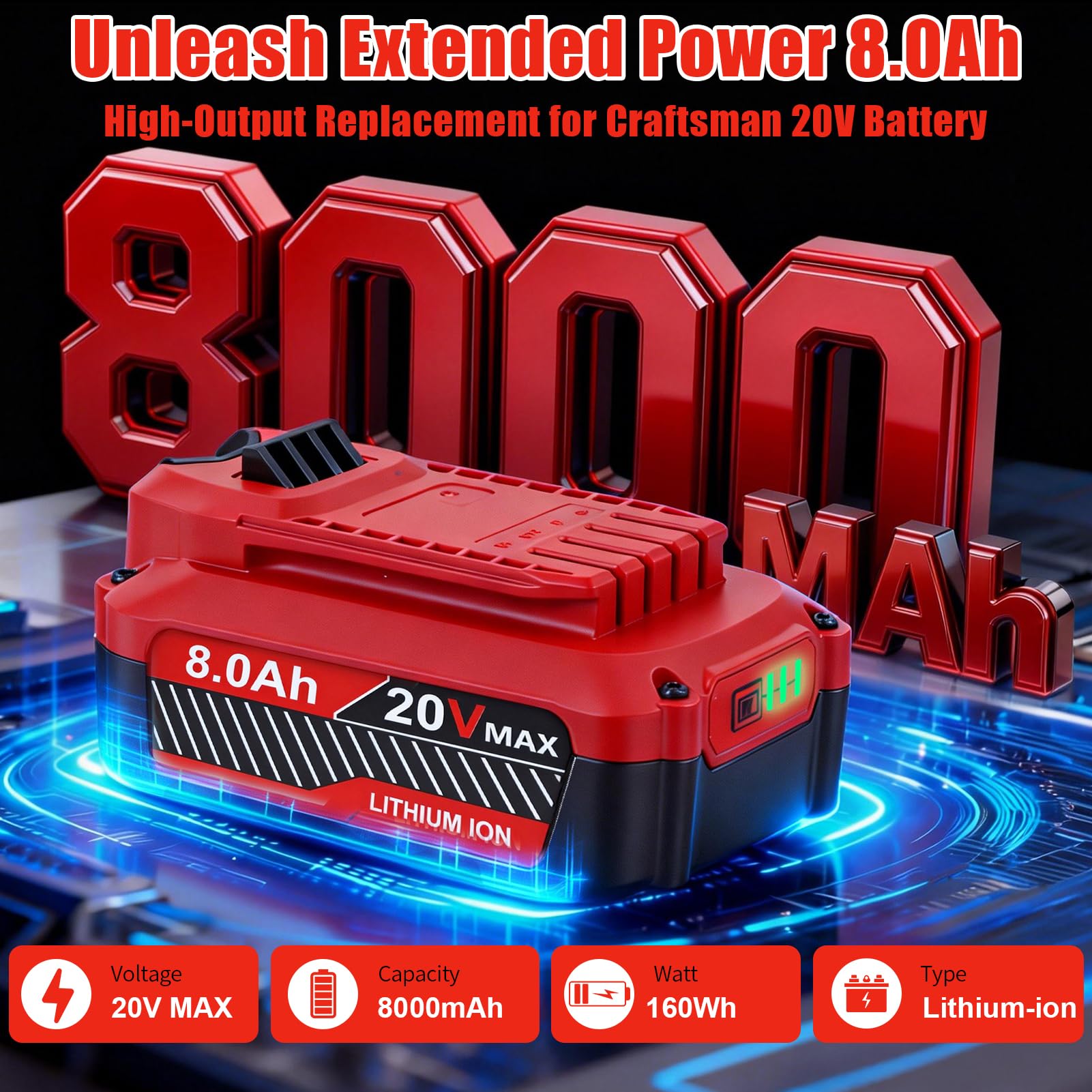 Upgrade 8.0Ah Replacement for Craftsman 20V Battery V20 Lithium ion Batteries Compatible with Craftsman 20 Volt Cordless Power Tools CMCB205 CMCB204 CMCB206 CMCB202 CMCB201B0GGGVH6WNB0GGGVH6WN,2Pack - 2