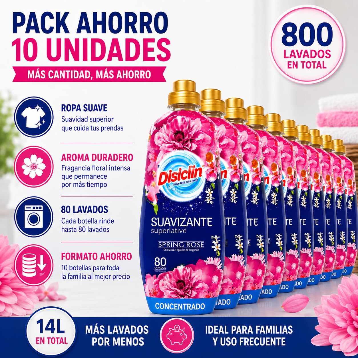 Suavizante Disclin Concentrado Spring Rose 1,4L | Pack 10 Unidades | 800 Lavados | Aroma Floral Duradero | Formato Ahorro 14L | RASMACOR