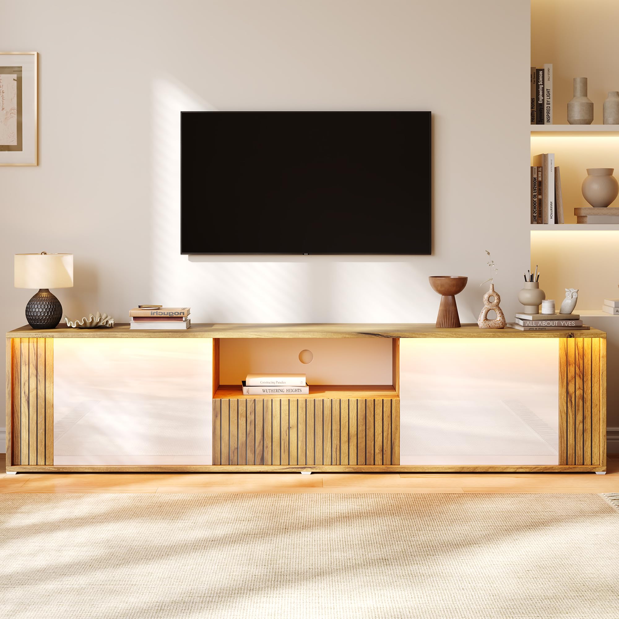 Mobile TV con luci a LED, mobile per TV, 180 cm (bianco + legno)