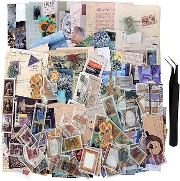 TIYPKE 200pcs Artistic Stickers for Journaling Supplies - Aesthetic Vintage Paper for Scrapbooking, Planners, Notebook, DIY Craft Kits, Postage Stamp Journal