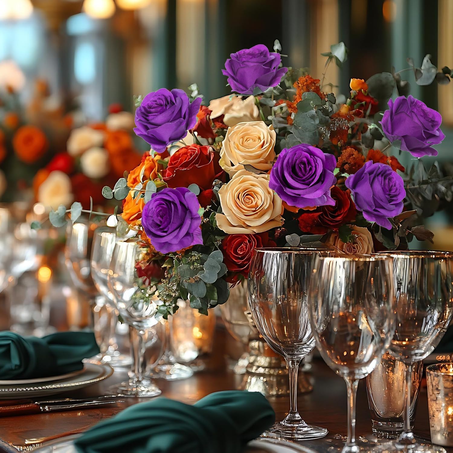 50pcs Artificial Roses Flowers in Bulk,Realistic Silk Fake Rose with Long Stem for Wedding Centerpieces Bouquet Party Floral Arrangement Home Decoration (Purple) - Image 5
