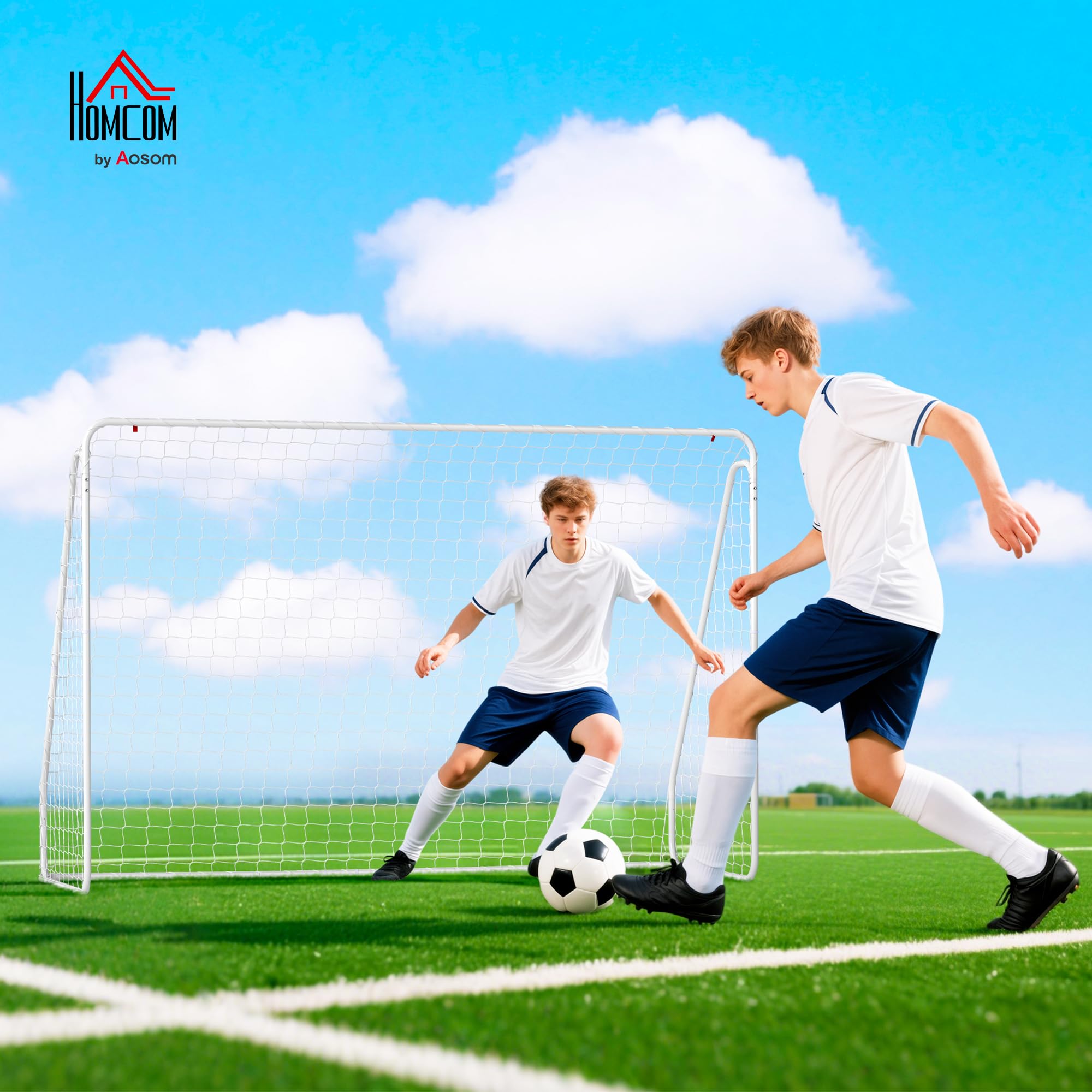 HOMCOM Porta da Calcio per Giardino e Parco Adulti 301x120x200 cm Bianco | 6 Picchetti a U, Rete da Calcio in PE e Metallo