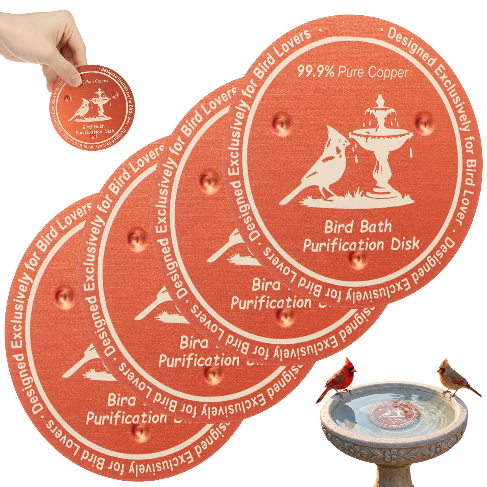 4Pcs Copper Disc for Bird Bath, 99.99% Pure Copper Bird Bath Purification Disk with Stable 3-Point Support, Natural Water Cleaner for Outdoor Birdbaths & Fountains All-Season Cleaning(4pcs A)