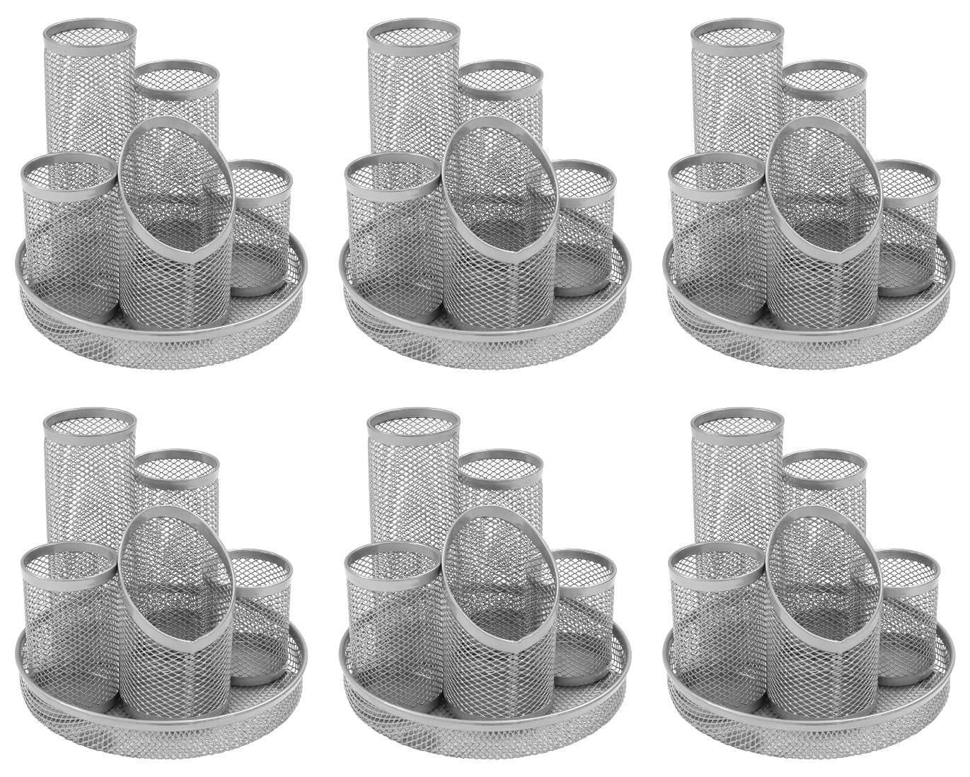 Osco Silver Wiremesh 5 Tube Pen Pot | 6 Pack | Desk Tidy | Stationery Sorter | Office Organiser | Pencil Holder | Cosmetic Display | H14 x W15.5 x D15.5 cm