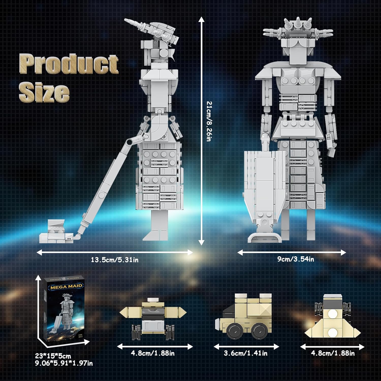 Dimensions of the Mega Maid Spaceballs Building Kit and small vehicle