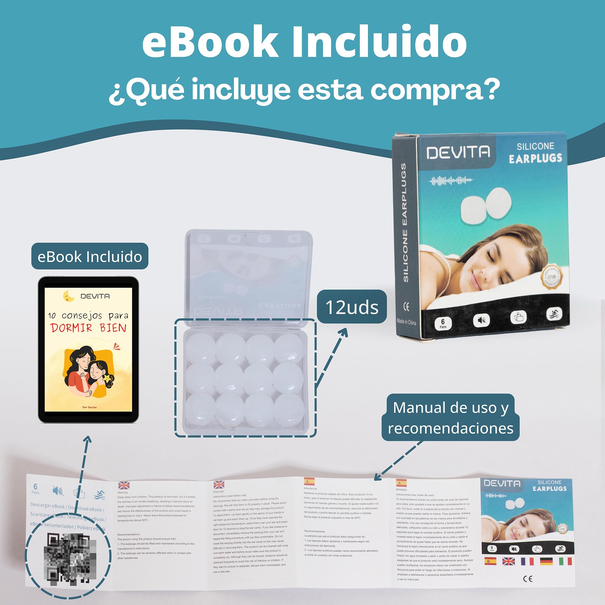 12 Tapones Oidos Ruido Dormir de Silicona. Para Dormir, Excelente Cancelación de Ruidos. Nadar, estudiar, antironquidos. eBook incluido 10 Consejos para Dormir Bien