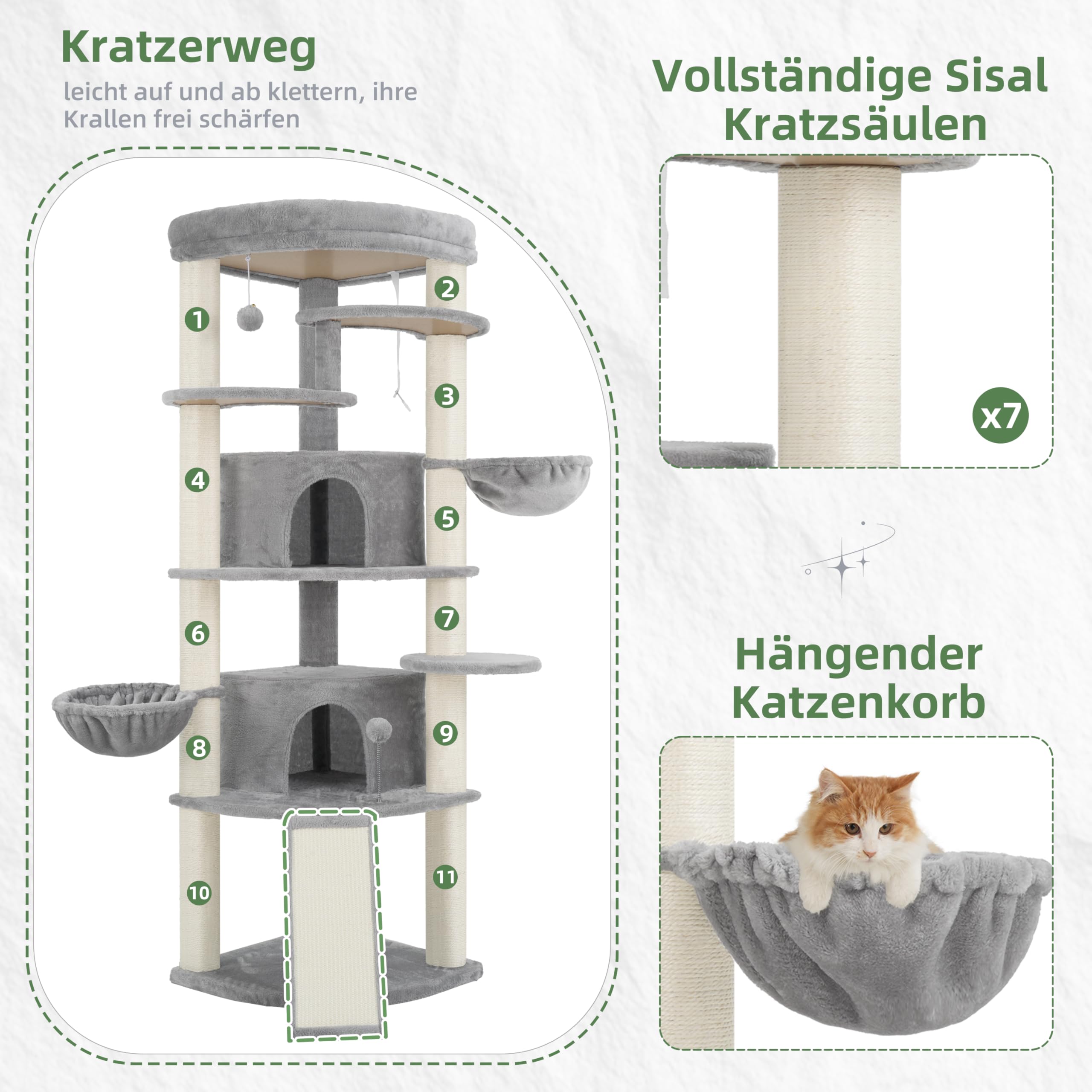 Gitelsnour Eck-Kratzbaum, Katzenbaum für Innenbereich, Mehrstöckiges katzenkratzbaum mit Sisal Kratzsäulen, 2 Katzenhöhlen, großer Oberplattform, 2 Hängender Katzenkorb, Hellgrau GCT035W