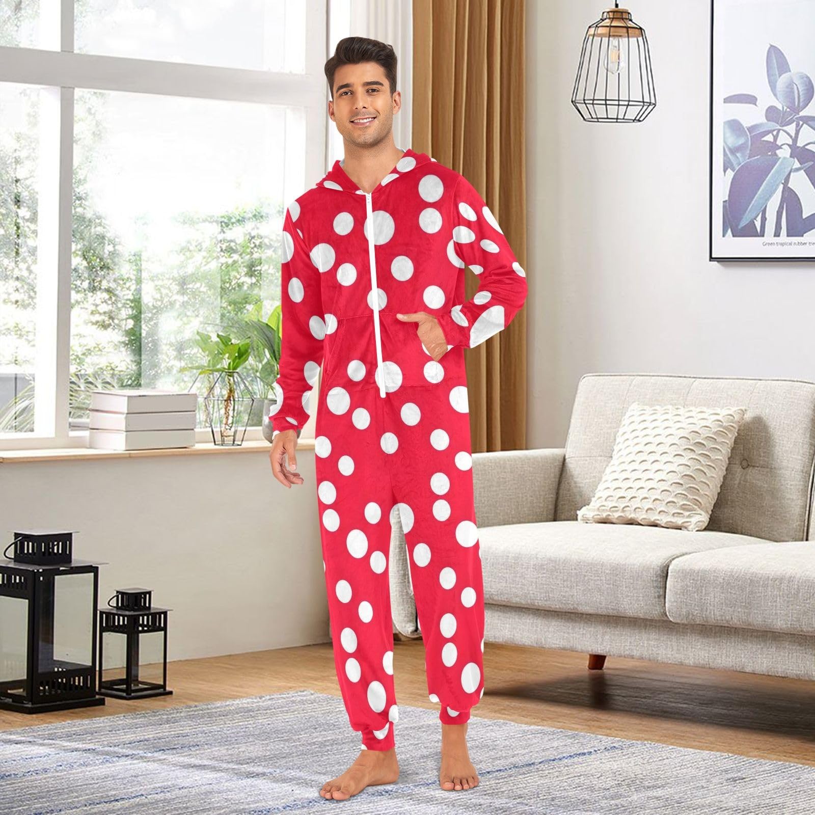Pigiama intero bianco a pois rossi per adulti, tuta con cappuccio in peluche per uomo donna abbigliamento da casa natalizio