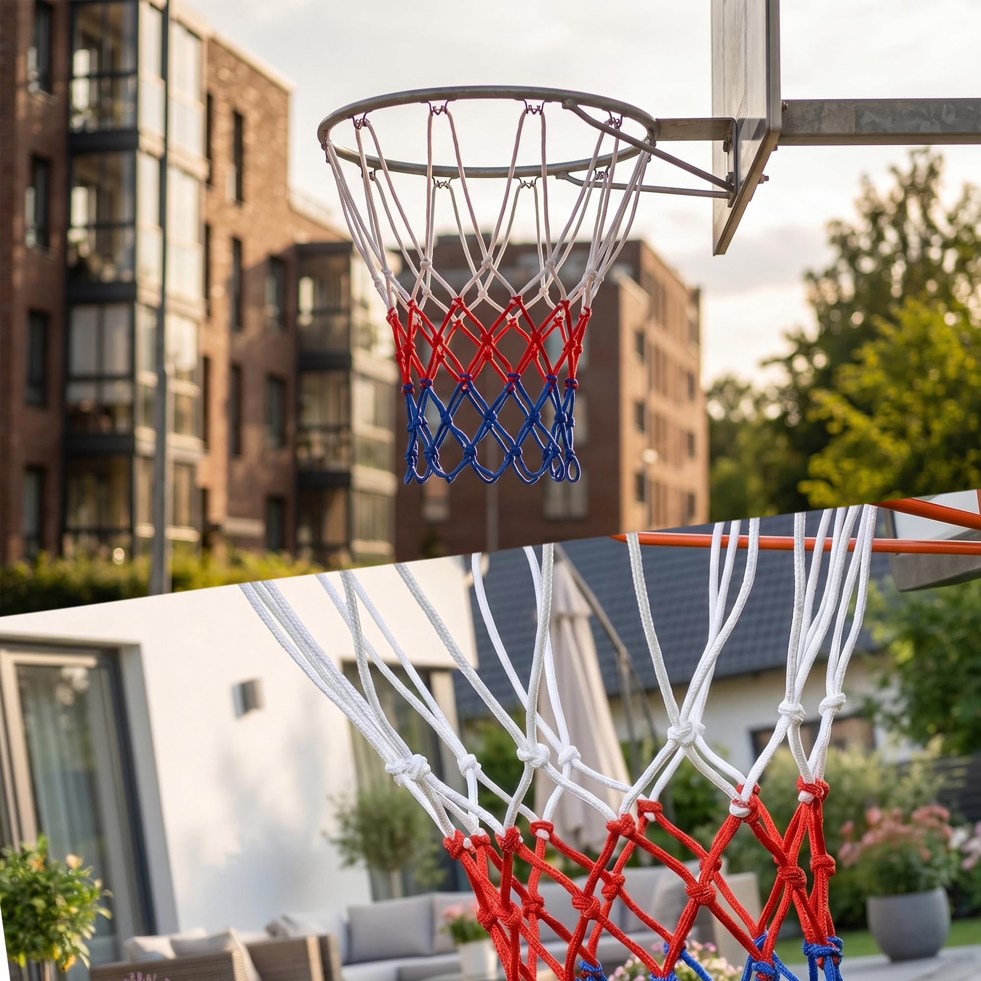 Confezione da 2 reti da basket, 5,5 mm di spessore, in nylon bianco-rosso-blu con 12 passanti, reti di ricambio rinforzate resistenti alle intemperie per canestri standard da basket interni ed