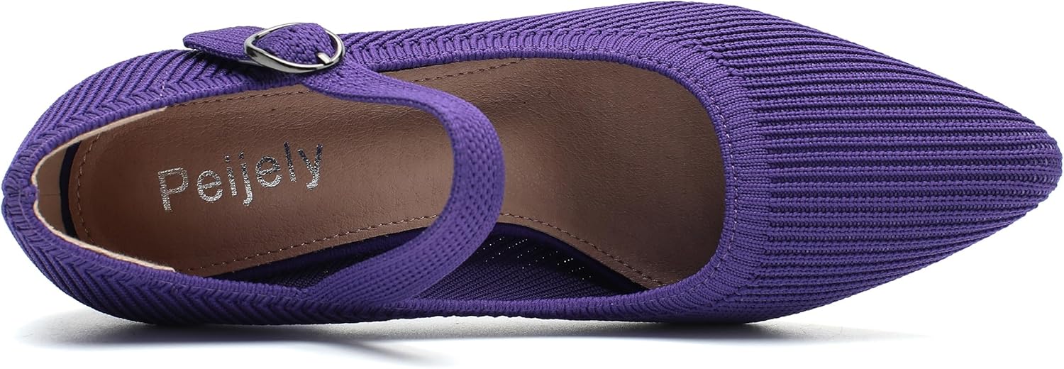 Womens Knit Pointed Toe Pumps, Mary Jane, 2 Inch Low Block Heels, Ankle Strap, Dressy Shoes