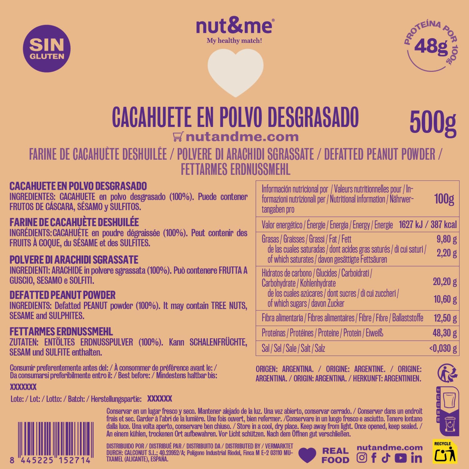 Burro di arachidi in polvere Premium 500 g nut&me | 100% Naturale e Vegano | Proteina di Alta Qualità | Sapore Intenso e Delizioso | Senza Glutine | Senza zuccheri aggiunti | No OGM