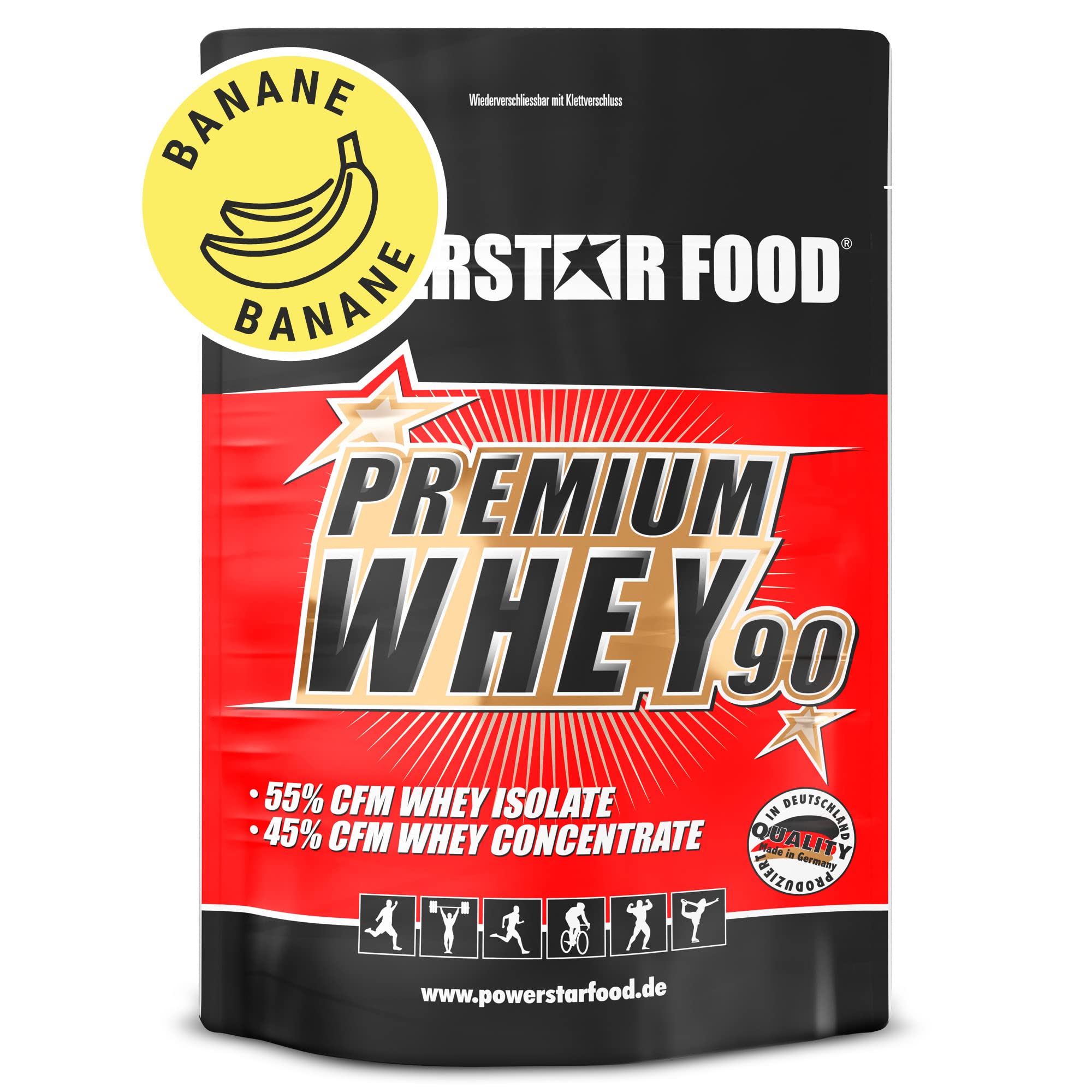 Powerstar PREMIUM WHEY 90 Banana 4000 g - 90% Protein i.Tr. Whey-Pulver | 60% CFM Whey Isolat und 40% CFM Konzentrat - Eiweißpulver mit nur 1% Kohlenhydrate - Made in Germany