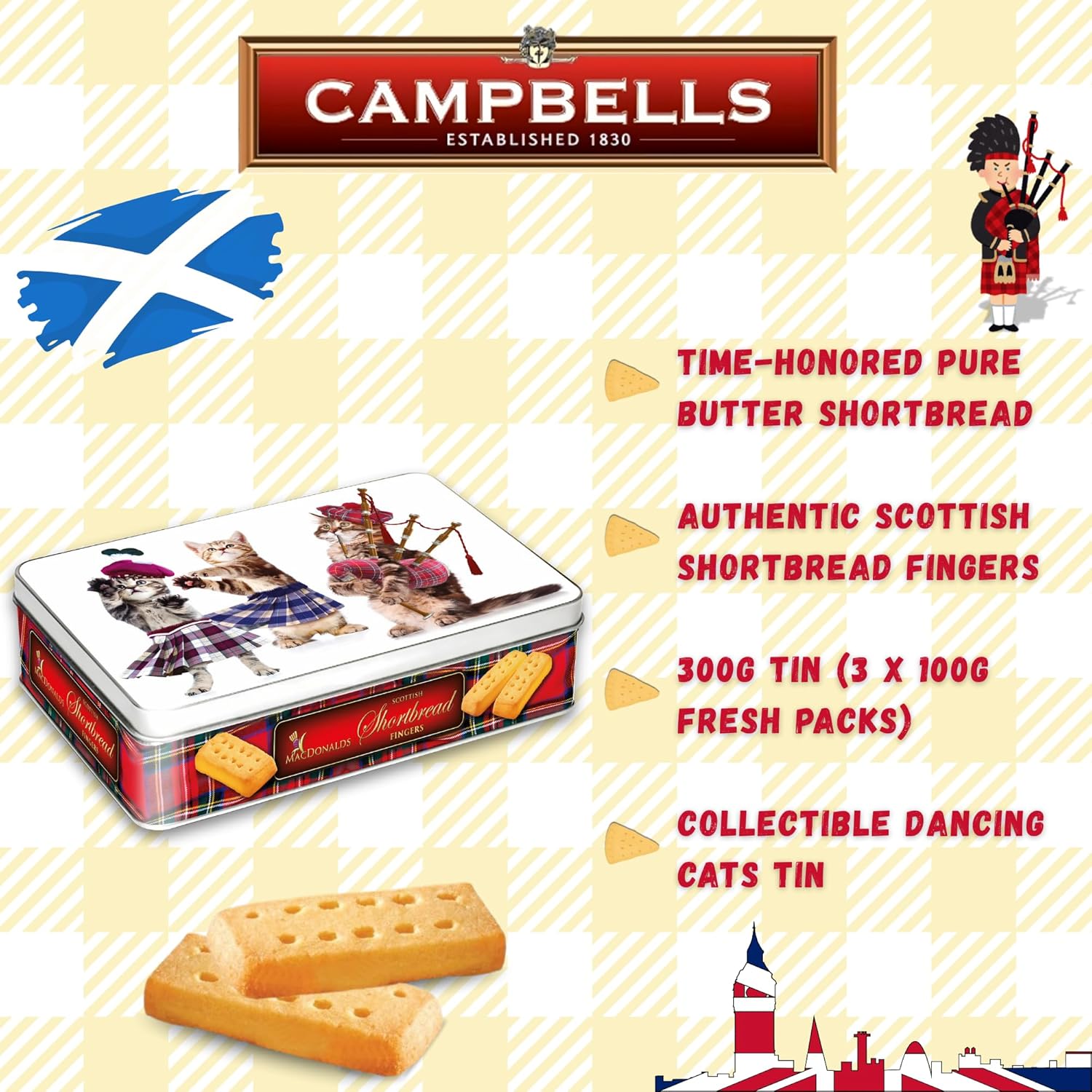Campbells Shortbread Fingers MacDonalds Range - Dancing Cats Collectible Tin 10.5 Oz (Pack of 3), Pure Butter Scottish Shortbread Cookies from Scotland, British Tea Biscuits Gift Tin, Scottish Snacks