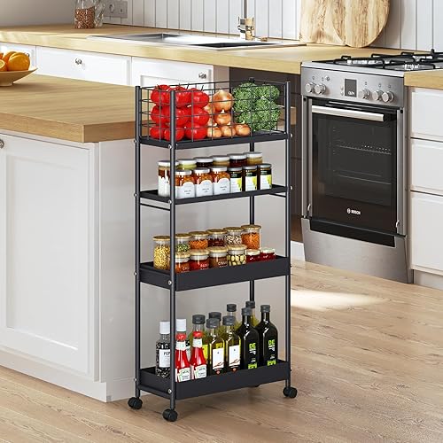 Miniatura 8 de KINGRACK Carrito de almacenamiento delgado, carrito de metal de 4 niveles con ruedas, organizador de baño, carrito rodante delgado, estantería móvil