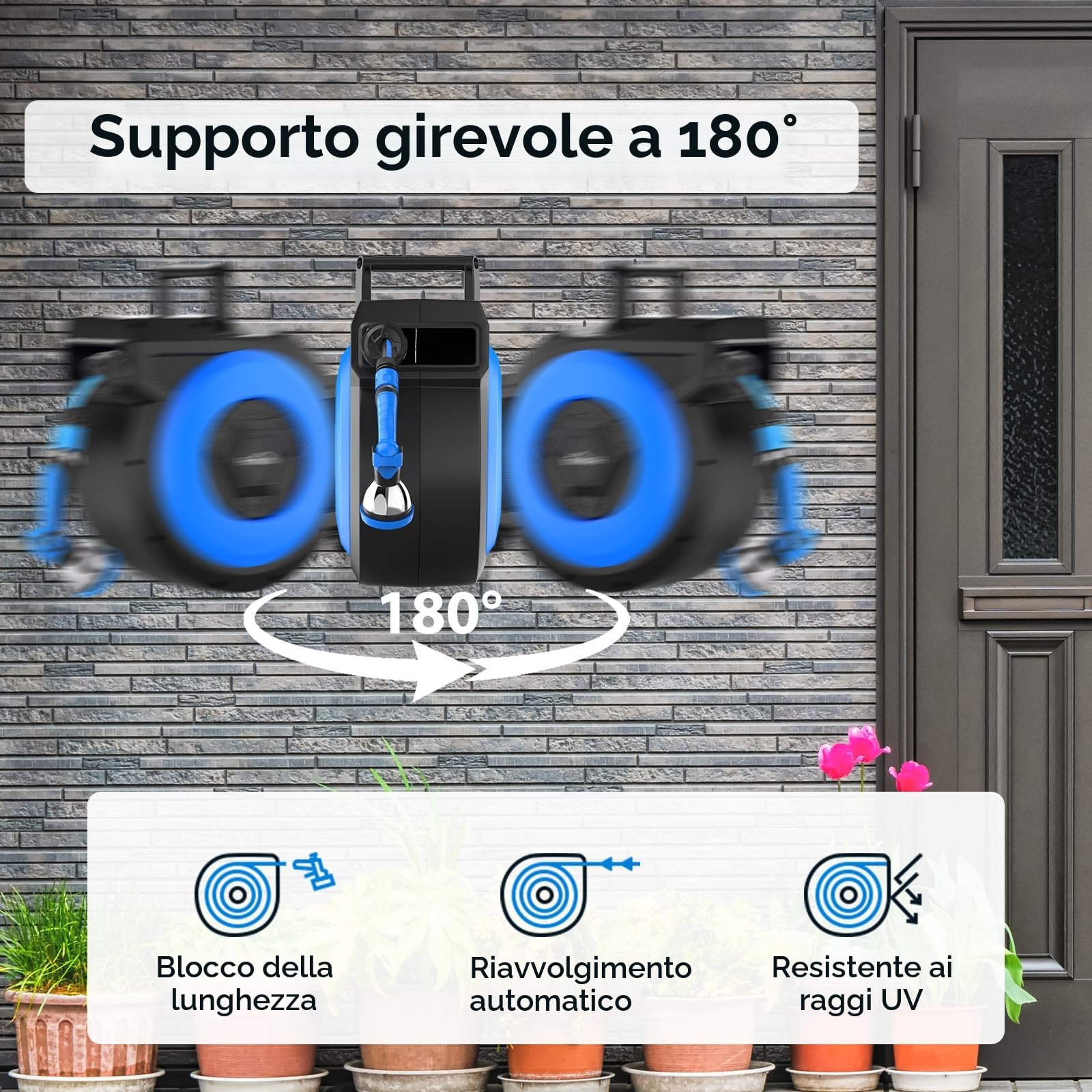 Himimi Avvolgitubo da Giardino 30m + 2m, Avvolgitubo Acqua da Parete con Tubo 30m, Riavvolgimento Automatico, Orientabile 180°, Pistola Spruzzo 10-in-1 per Irrigazione Giardino