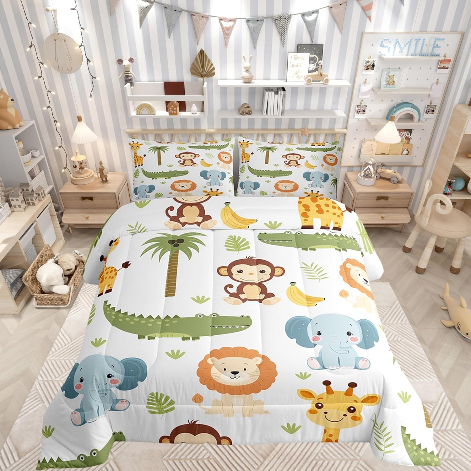 Castle Fairy Wildlife Twin Comforter Sets for Kids Girls Teens,Jungle Cartoon Animals Bedding Sets Youth Men Bedroom Decor,Cute Lion Elephant 2 Pieces Quilt Set,Cartoon Tropical Plants Duvet Insert