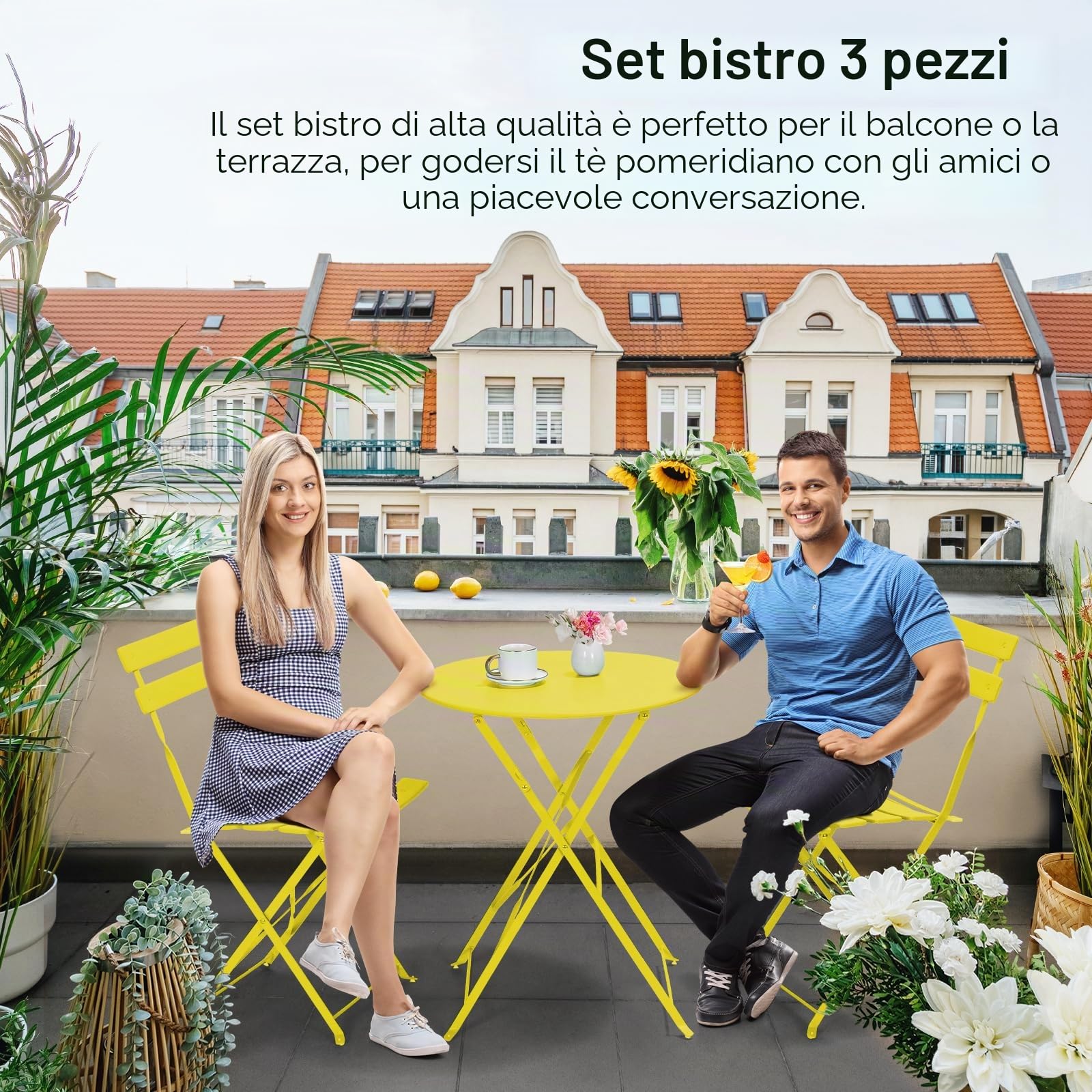 LIFERUN Set da Bistrot Pieghevole 3 Pezzi, Tavolo da Giardino Bistrot in Metallo, 1 Tavolo e 2 Sedie per Piccoli Balconi, Resistente alle Intemperie, per Balcone, Giardino e Terrazzo, Giallo