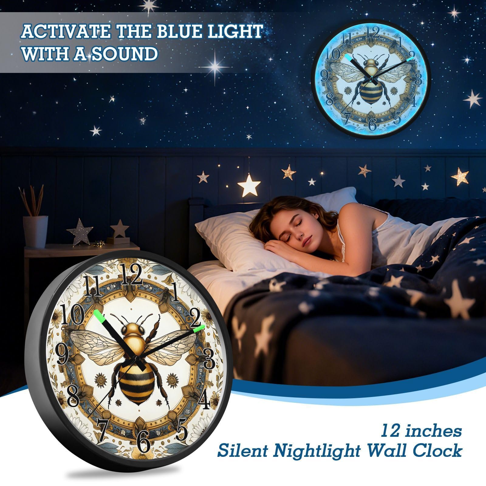 Mnsruu Reloj de pared luminoso con diseño de abeja, mandala, panal de abeja, funciona con pilas, silencioso, brilla en la oscuridad, para sala de estar, cocina, 30,5 cm