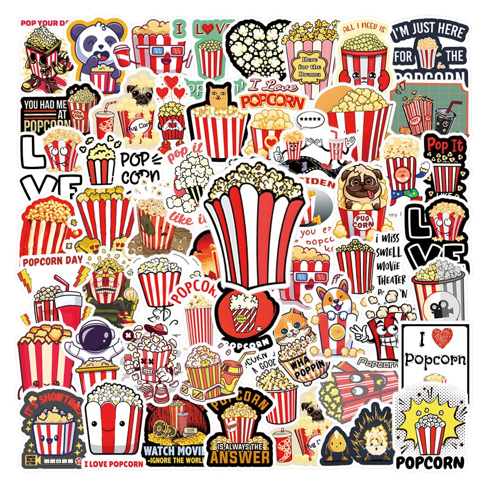 62Pcs Popcorn Stickers Pack, Vinyl Waterproof Decals for Water Bottle,Laptop,Phone,Skateboard,Scrapbooking,Bumper for Fans for Party Supply
