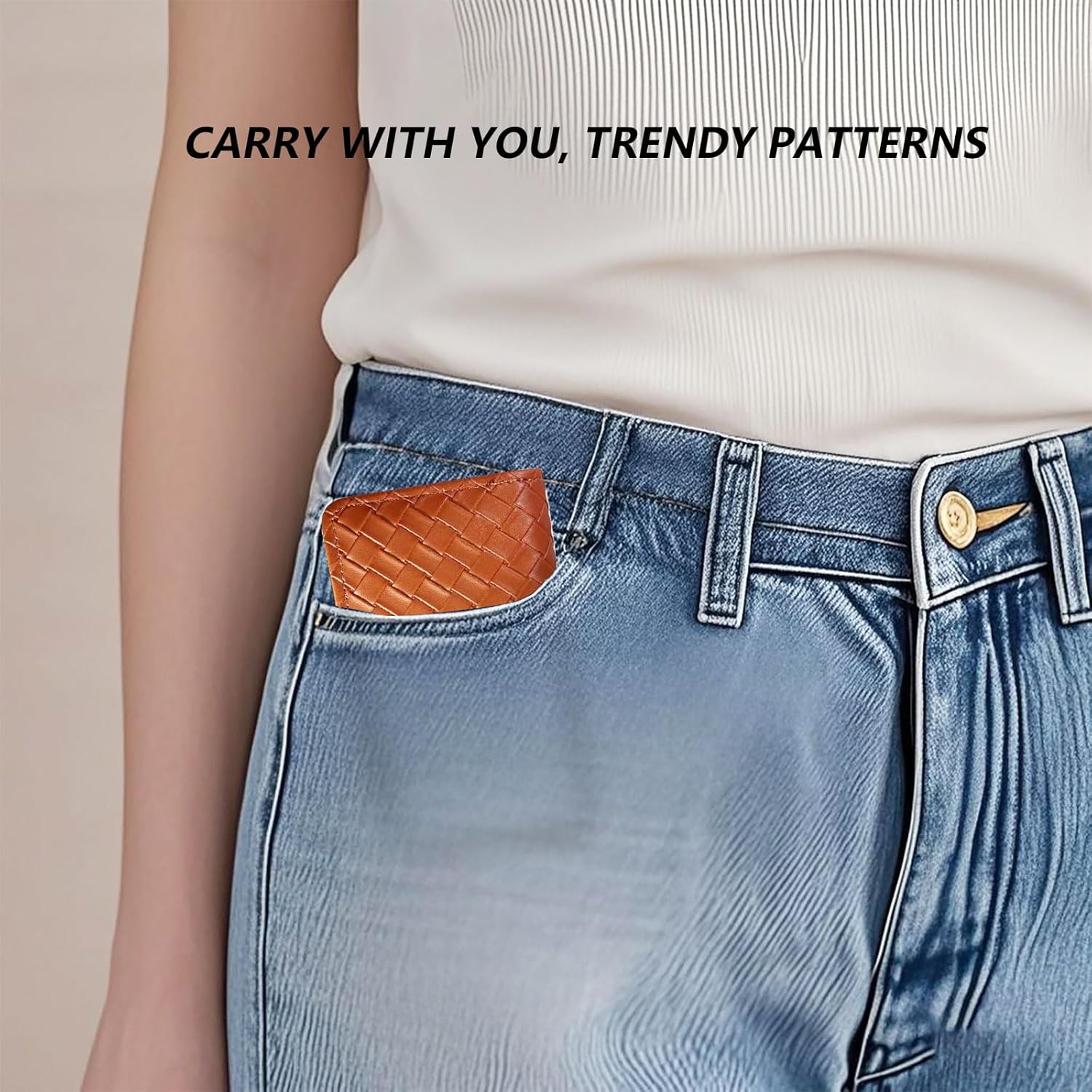 Ladies change card bag, zip storage bank card case, small portable 11 large capacity pouch, holds banknote change credit card(Brown woven pattern) - Image 2