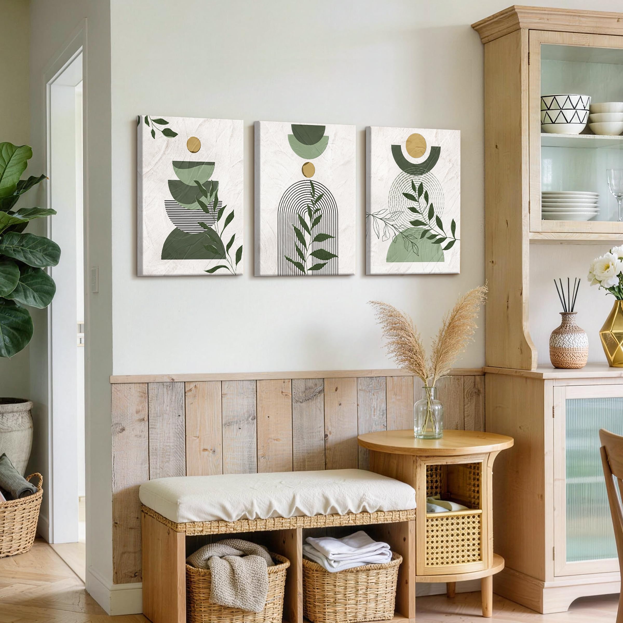 3 Pcs Wooden Framed Canvas Wall Art Set Bohemian Sage Green Canvas Prints Poster Geometric Line Beige Green Pictures for Living Room Bedroom Dinning Room Hallway Stairs Wall Decor 30x40cm x3pcs — view 345