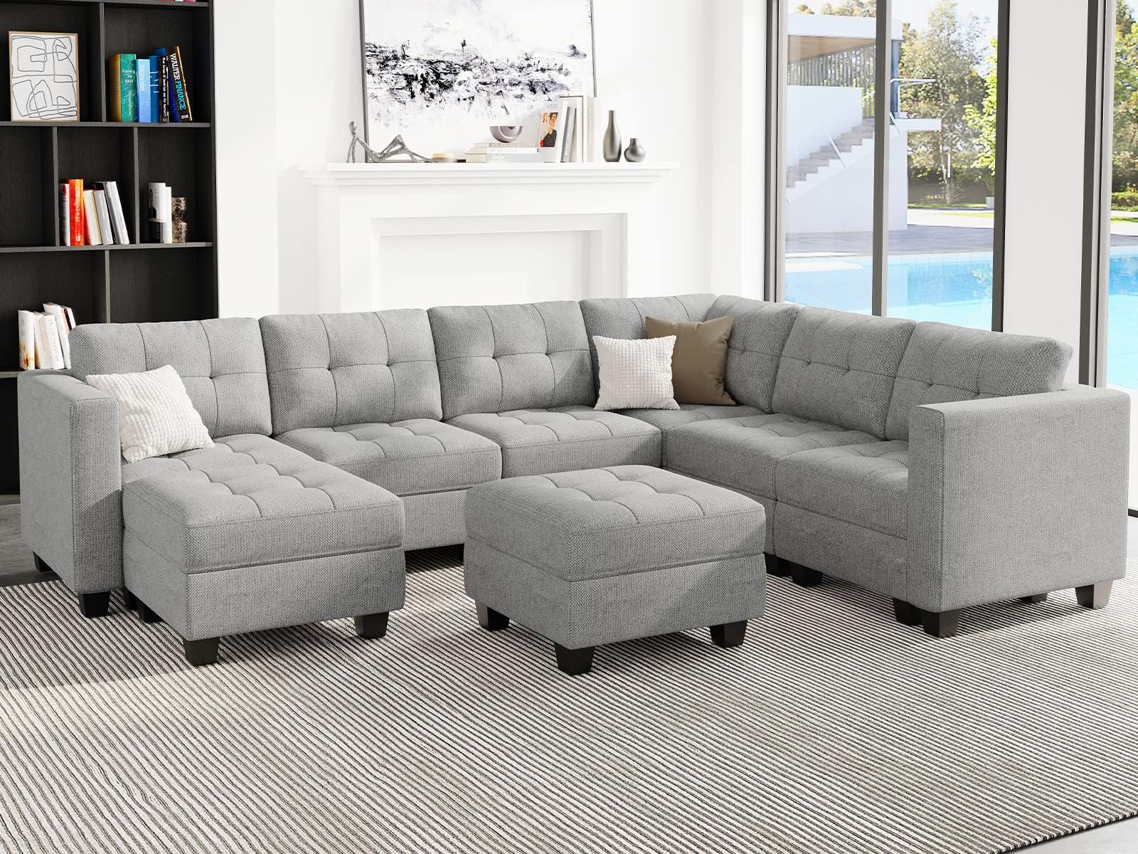 Modular Sectional Sofa with Storage Ottoman Oversized U Shaped Sofa Set Modular Sofa with Reversible Chaises Modern Fabric Light Grey