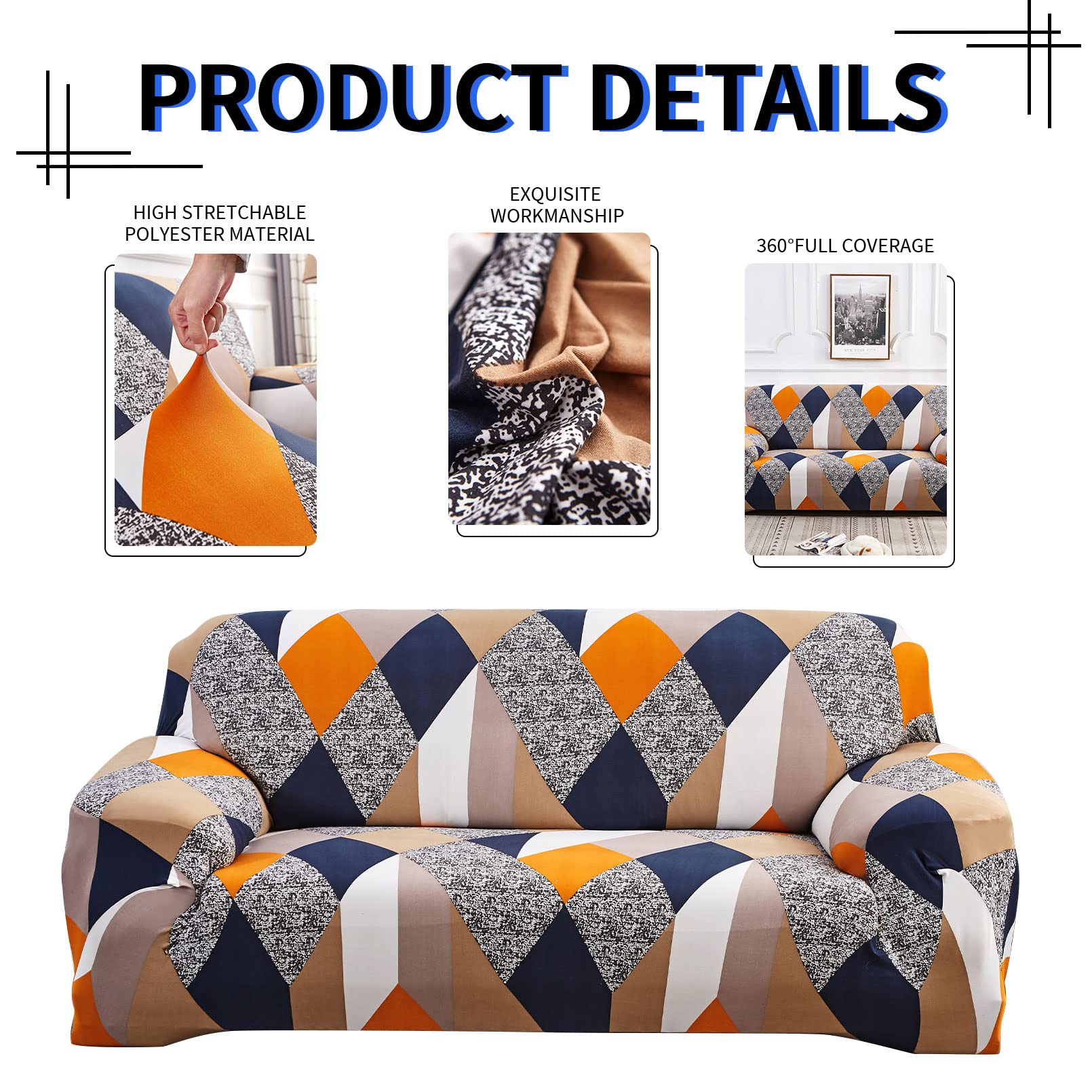 Lydevo Copridivano Elasticizzato 3 Posti Fodere Copri Divano con Braccioli con 2 Copricuscini Moderno Copridivano Fantasia Universale Antiscivolo Lavabile Divano Protector,Arancione Geometrico