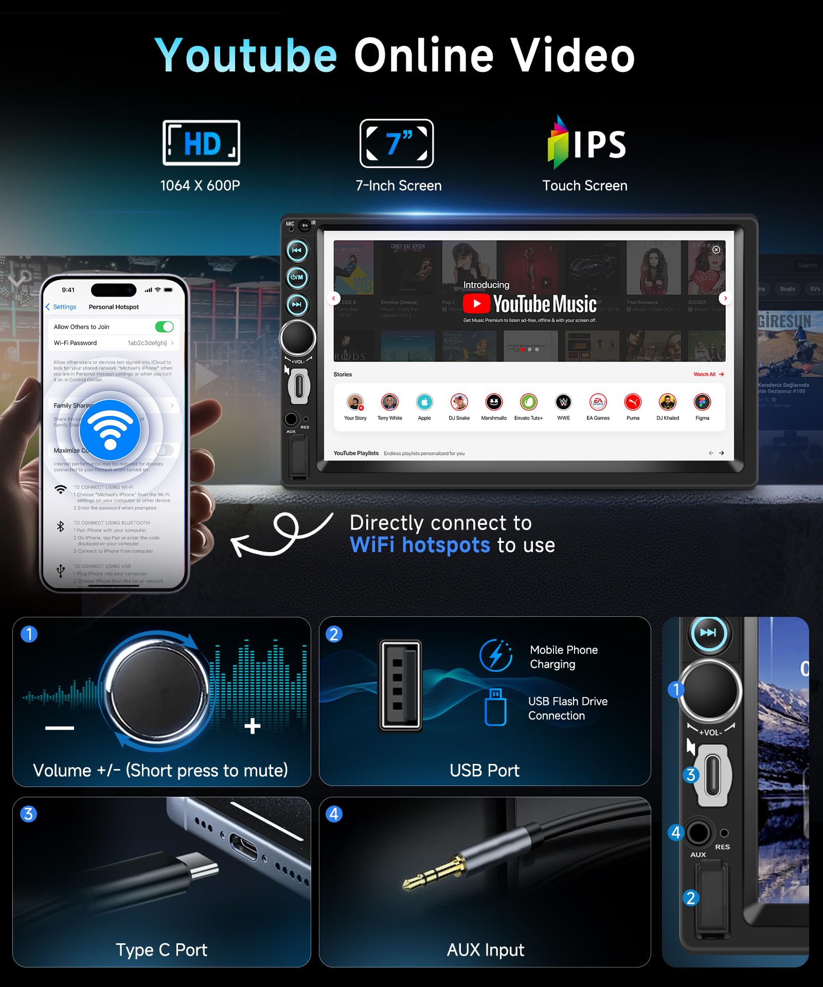 VECHTEL Radio samochodowe 7" 2 DIN z bezprzewodową funkcją CarPlay, Android Auto, radio FM z Bluetooth, nawigacja GPS, 2 porty USB/SD/AUX, lustro, ekran dotykowy IPS z tylną kamerą i elementami