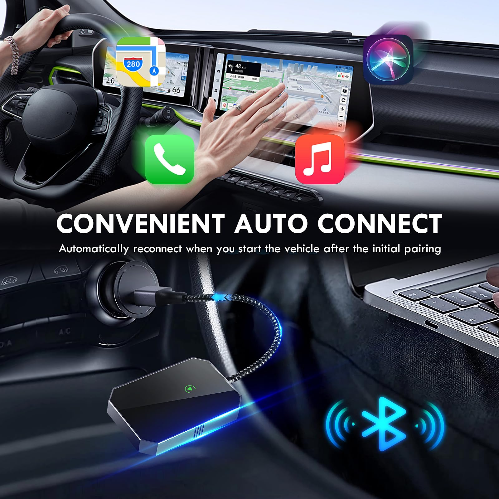 Adattatore Wireless CarPlay per iOS, Adattatore Wireless i-Phone Auto Converte CarPlay Cablato in Wireless, Plug and Play, USB C a A Dongle Wireless CarPlay Adatto per il 90% delle Auto