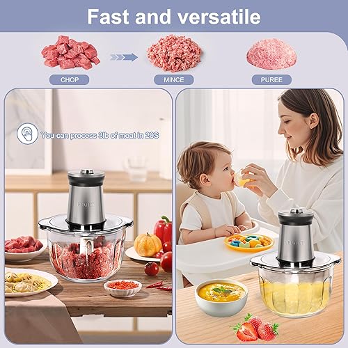 Miniatura 5 de Cuenco de vidrio de 16 tazas 850 W procesador eléctrico de alimentos, temporizador LED. Cuchilla de 6 filos de corte de 3 niveles para picar, picar