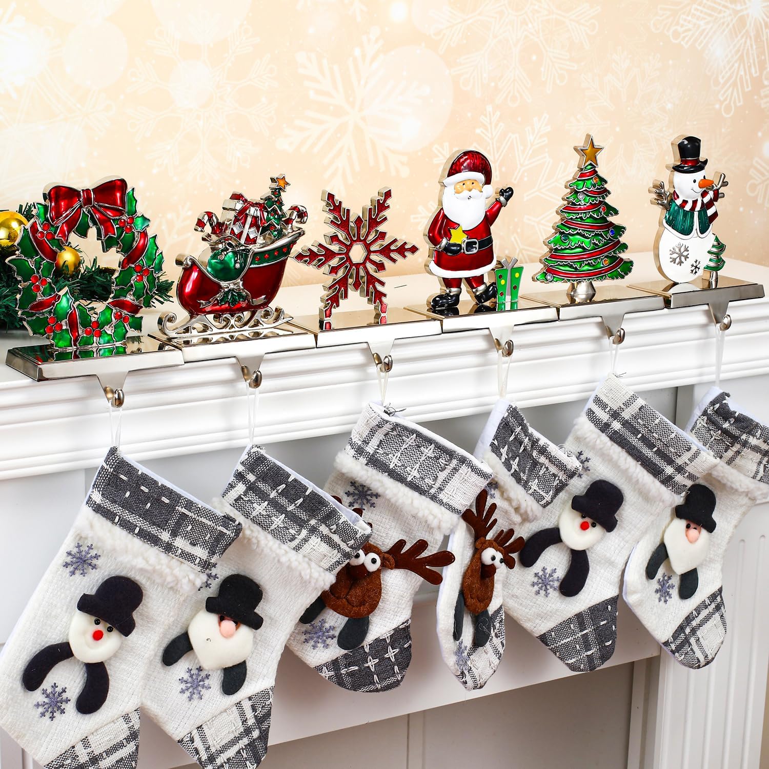 Christmas Stocking Holders for Mantel Set of 6, Christmas Stocking Hangers for Mantle Decorations Fireplace Stocking Hangers Mantle Hooks for Stockings Xmas Decorations Home Indoor(Silver, Pack of 6)