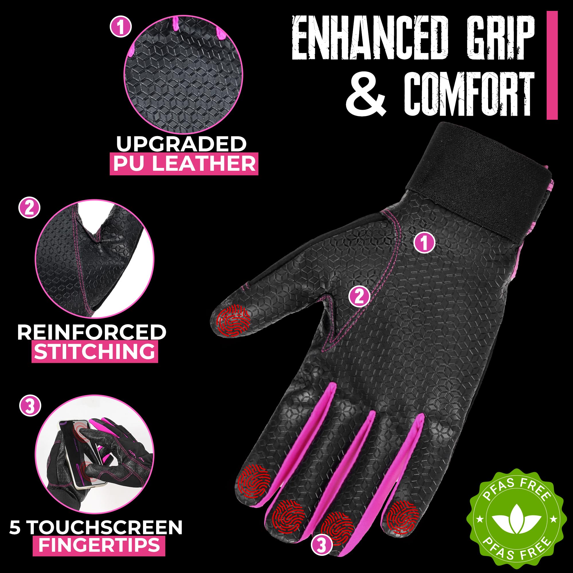 HANDLANDY Gants de travail isolés, gants d'hiver thermiques imperméables pour homme et femme, gants chauds pour temps froid (noir, rose, taille L