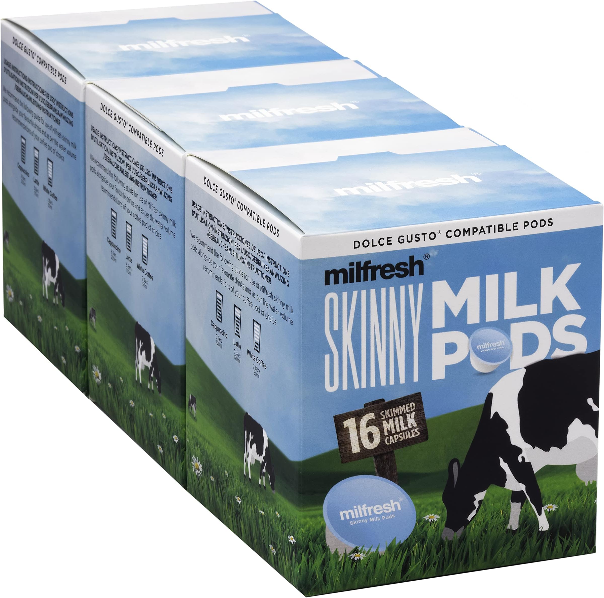Milfresh Skinny Milk Pods - Dolce Gusto Compatible 3 Boxes x 16 Pods (48 Skimmed Servings Total)