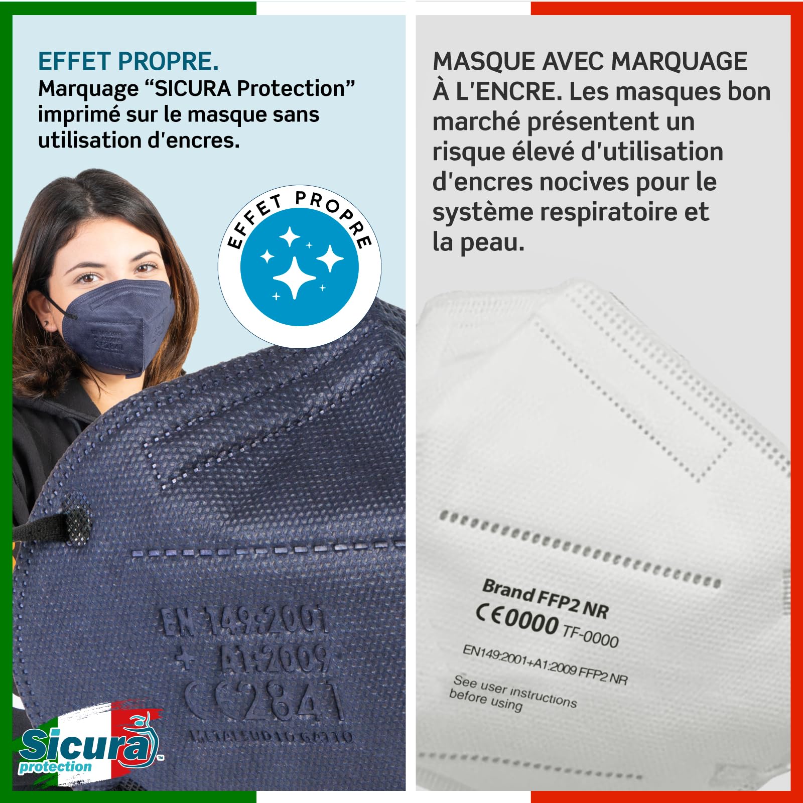 50 masques FFP2 certifiés CE BLEU avec élastiques noirs Logo en relief SICURA BFE ≥99% Fabriqué en Italie Masques FFP2 SANITISÉS et scellés individuellement