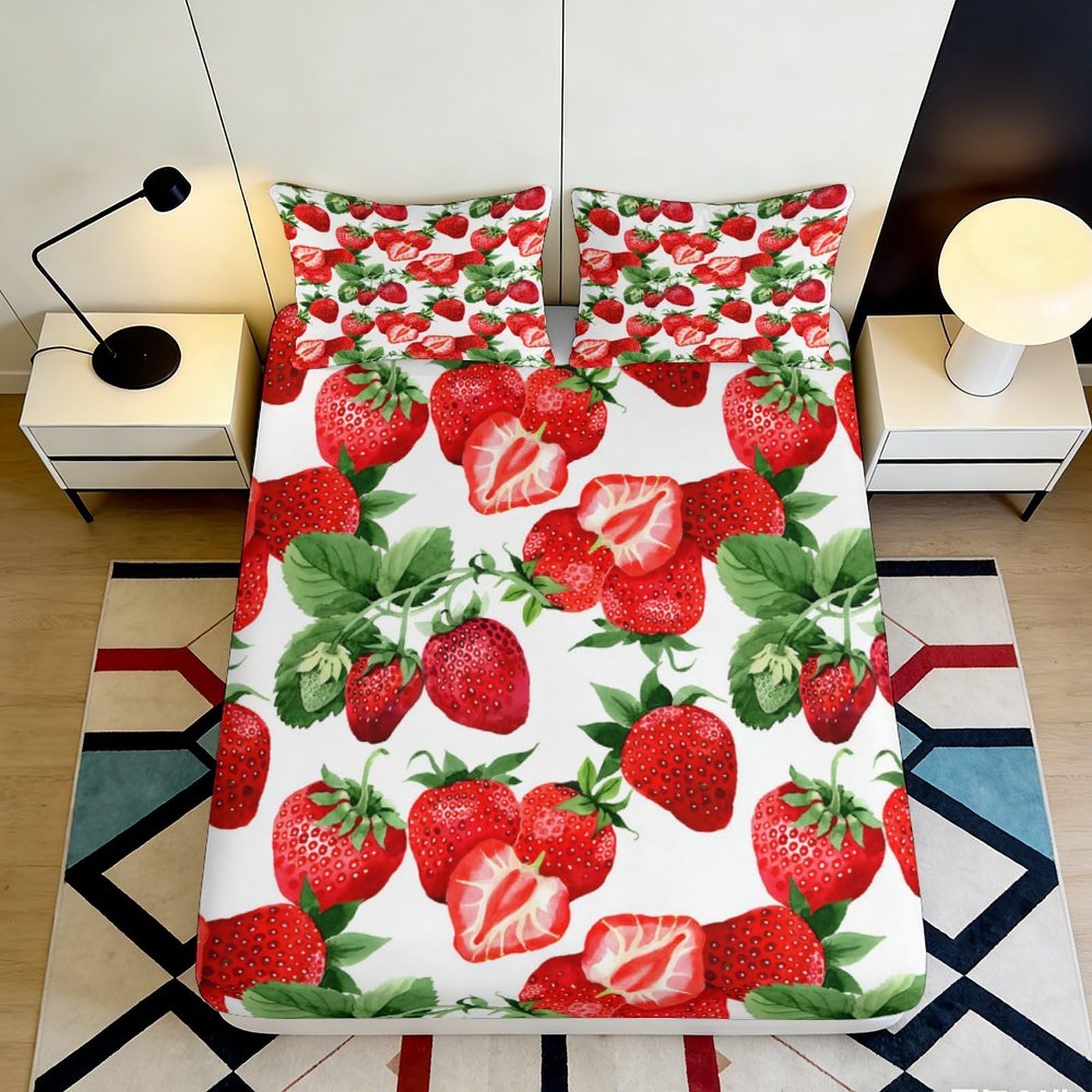 3D Printed Strawberry Fruit Fitted Sheet Microfiber Soft Non-Slip Mattress Cover for Bedroom Guest Room Decor 140x200x25cm