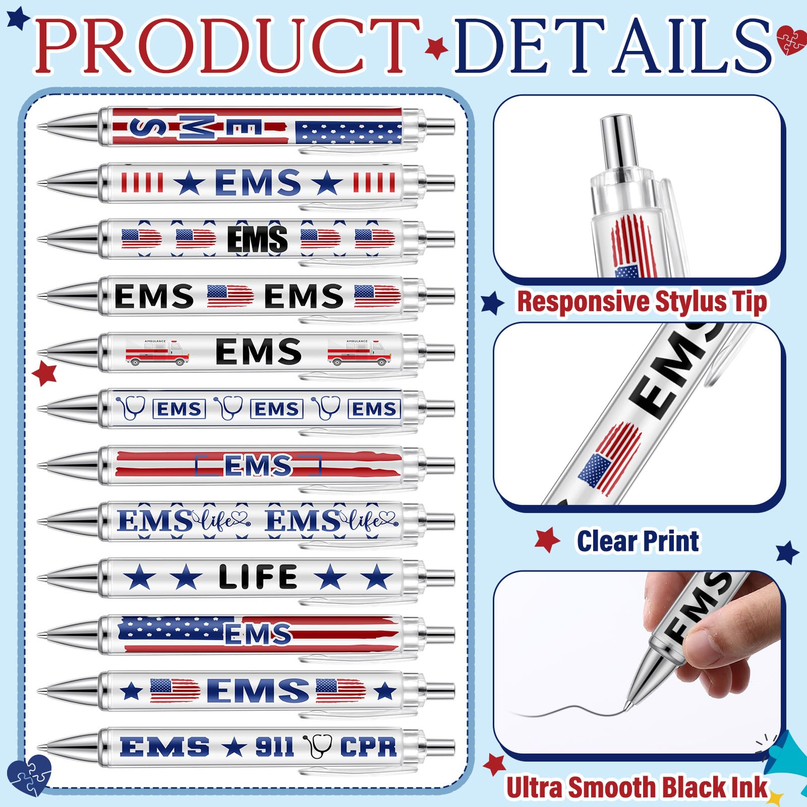 Motipuns 12 Pcs Emergency Medical Services Week Appreciation Gift EMS Gifts Pen for Women Paramedics Ballpoint Pens EMT First Responders Party Favor for Doctor EMS Nurse Graduation Office Accessories