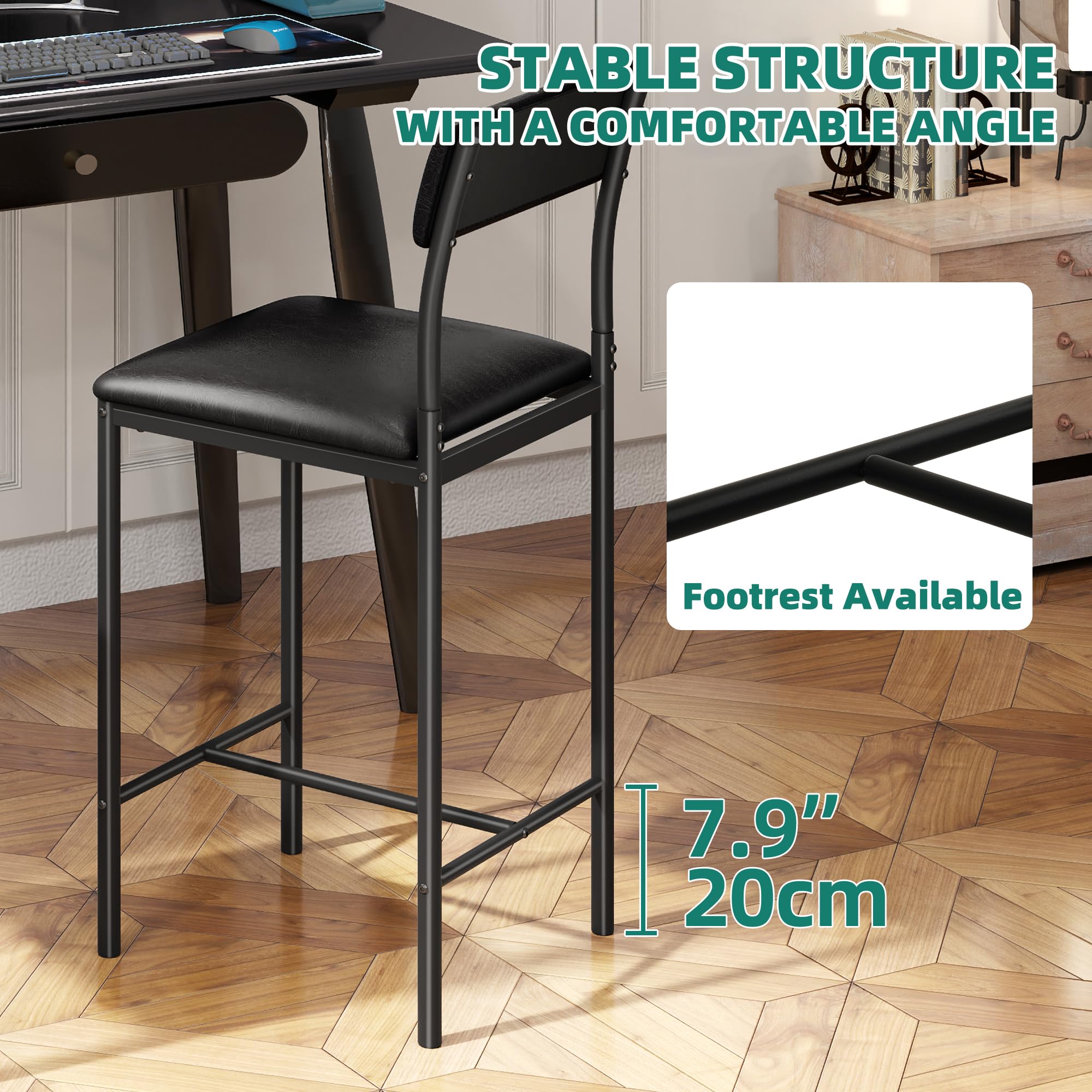YITAHOME Barhocker Set von 2, Hochhocker mit gepolstertem Sitz und Rückenlehne, industrielle Barhocker für Küche/Esszimmer, Barstühle mit ergonomischem Fußstützen, schwarz