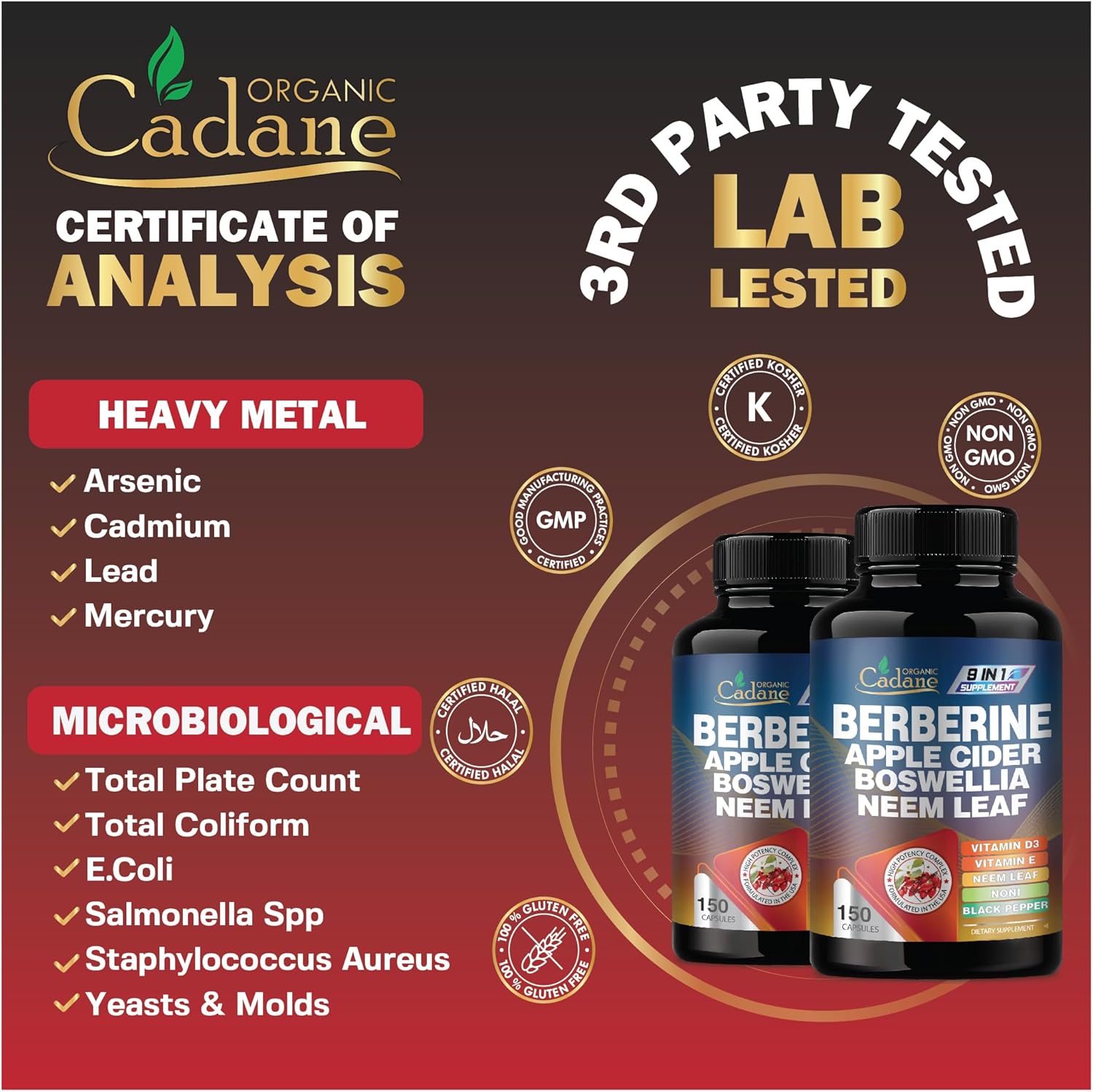 Organic Cadane Berberine Supplement 150 Capsules, with Neem Leaf, Apple Cider Vinegar, VIT D3, E & More - Berberine Extract - Support for Immune System, Digestion & Overall Health - Image 7