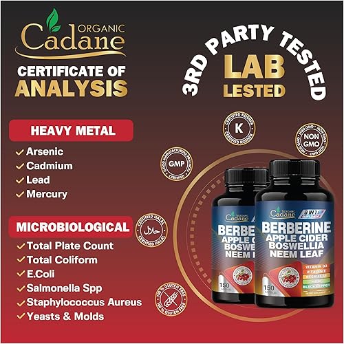 Miniatura 7 de Organic Cadane Suplemento de berberina 150 cápsulas, con hoja de neem, vinagre de sidra de manzana, VIT D3, E y más, extracto de berberina, apoyo