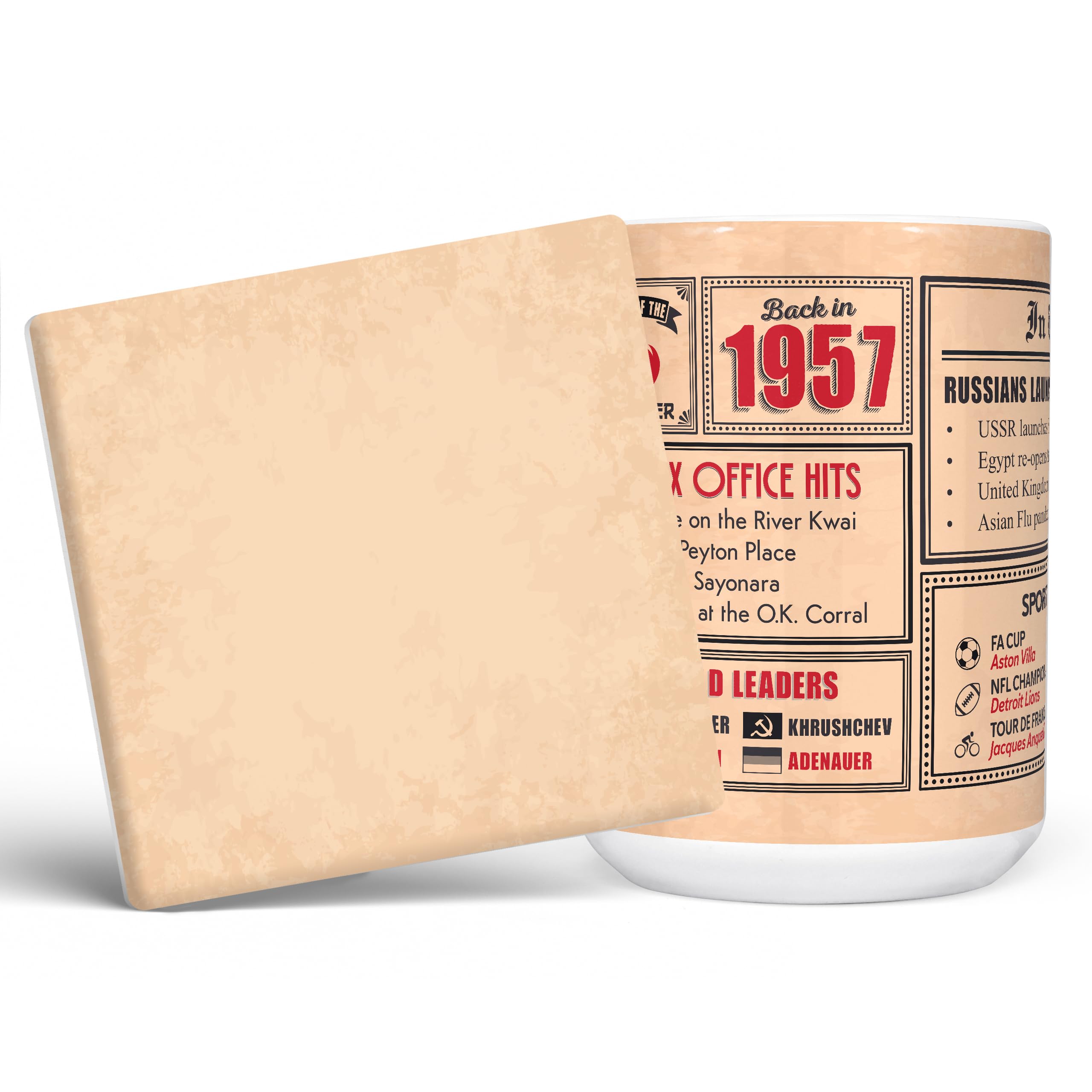 Mug Monster - 69th Birthday Gift - Back in 1957 in This Year Mug, Present for Men and Women, Birthday Gifts for Women, Birthday Gifts for Men, 69th Anniversary Present, 15oz White Mug & Coaster