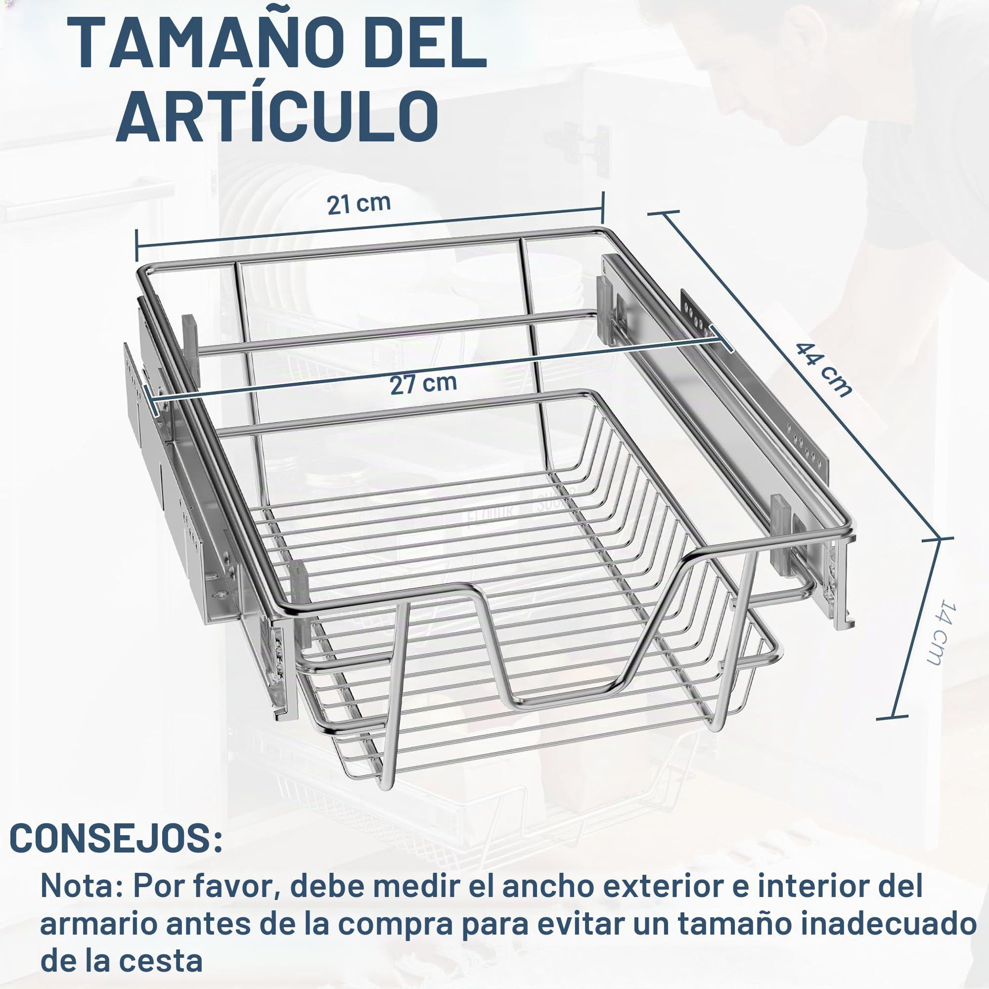 NAIZY 2 cajones telescópicos de 30 cm de ancho, para cocina, color plateado, estantes de acero inoxidable macizo, para armarios de cocina (27 cm de ancho, 2 unidades)