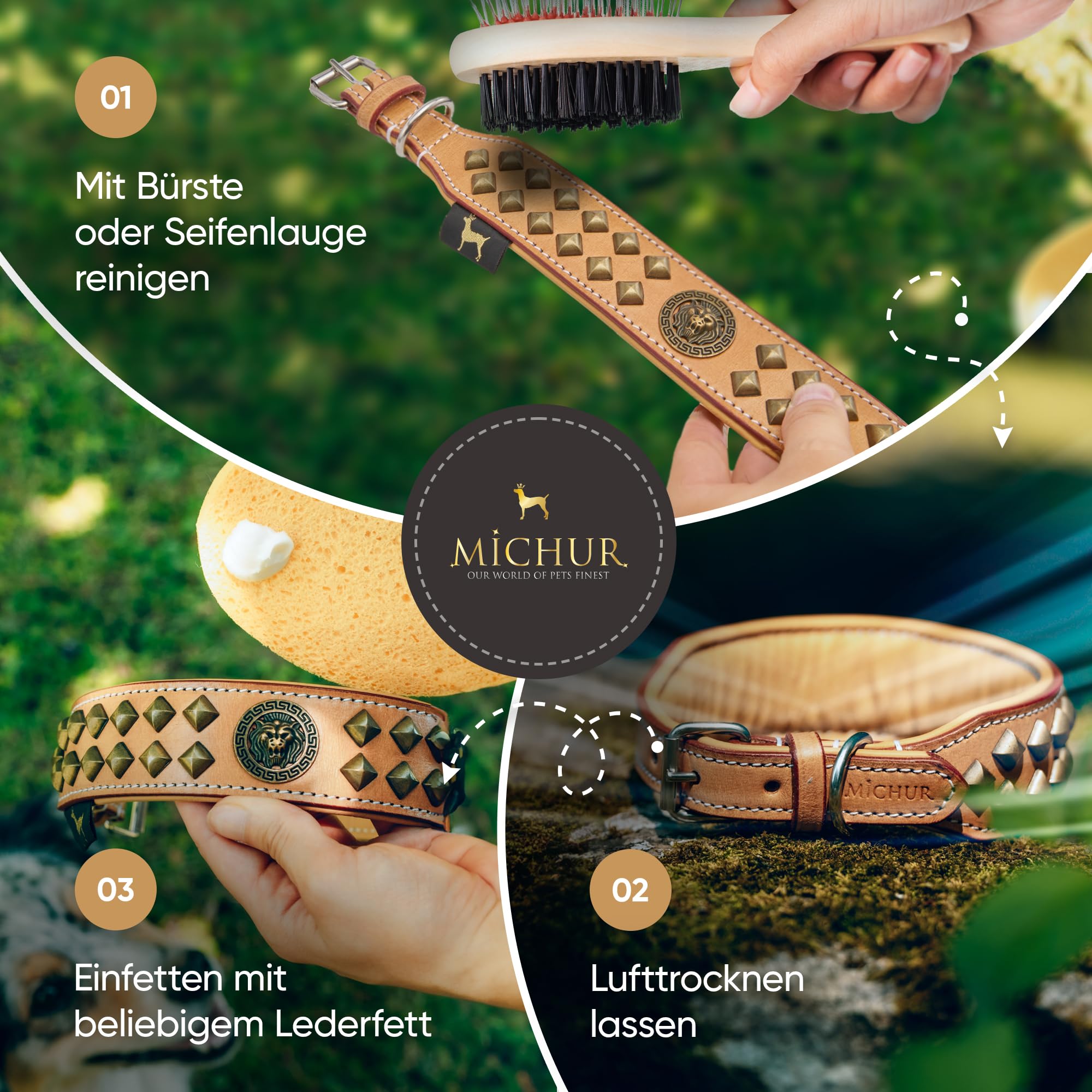 MICHUR Diego Hundehalsband Leder Beige | Lederhalsband, Löwenkopf Applikation, Flachnieten in Alt-Messing Optik, Braun Beige Gold, Verschiedene Größen erhältlich