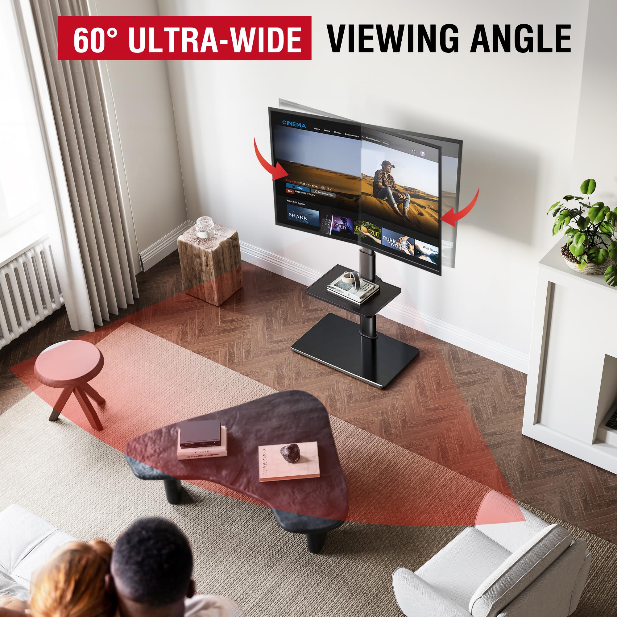 Soporte de TV de suelo con giro de 60 grados, soporte de suelo para televisores de 32 a 65 pulgadas de hasta 88 libras con inclinación, soporte de TV alto ajustable de altura de 8 niveles con 3