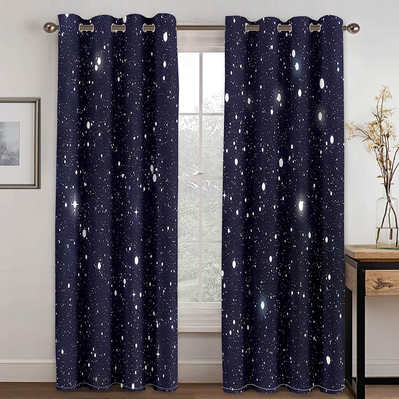 Vorhang Verdunkelung 183 cm Lang, Gardinen Verdunklung mit Ösen 2er Set Marineblau Winter Sternenhimmel Landschaft Vorhänge für Wohnzimmer Schlafzimmer Kinderzimmer, 214x183 cm(BxH)