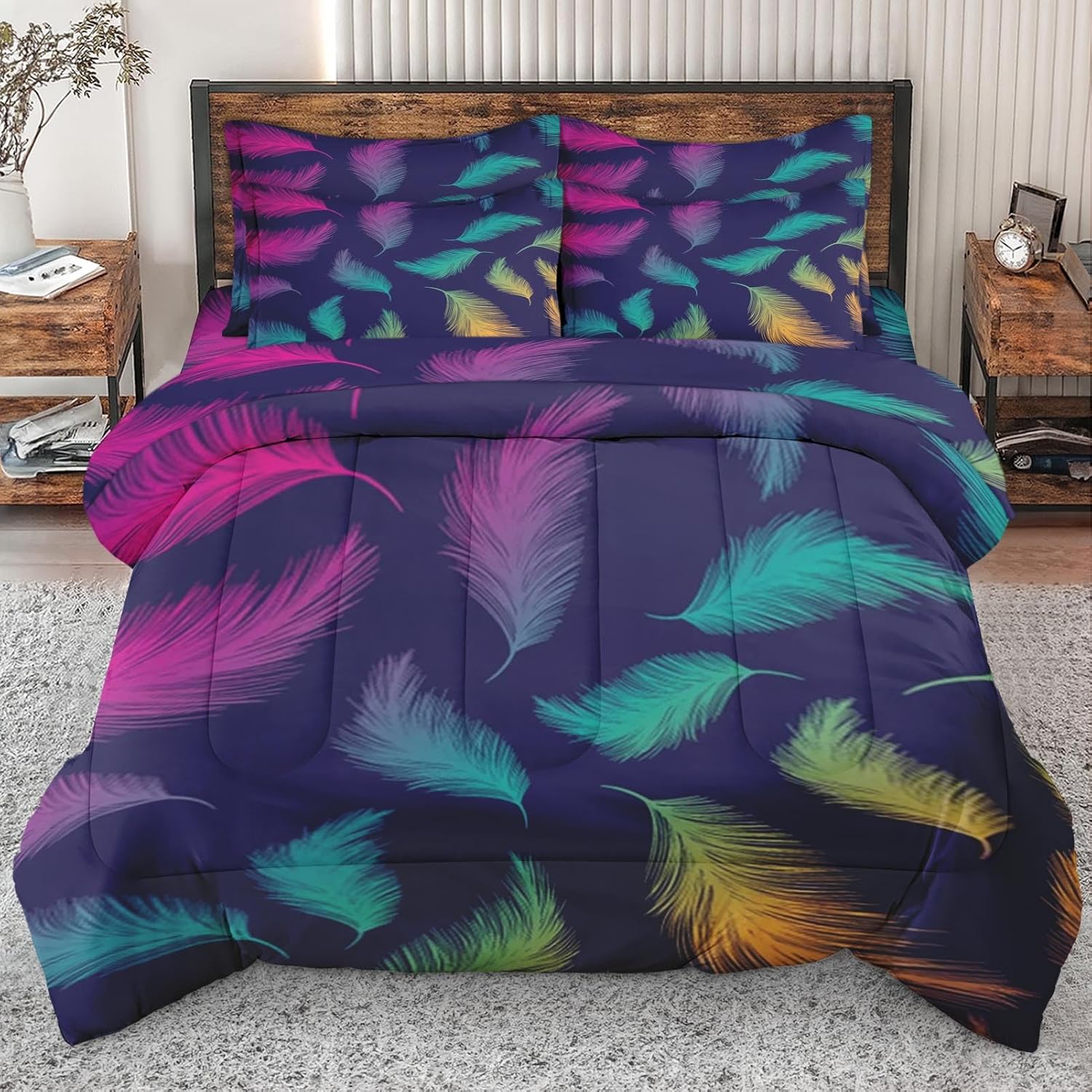 SUMIANYH 7Pcs Comforter Set Queen Size, Colorful Peacock