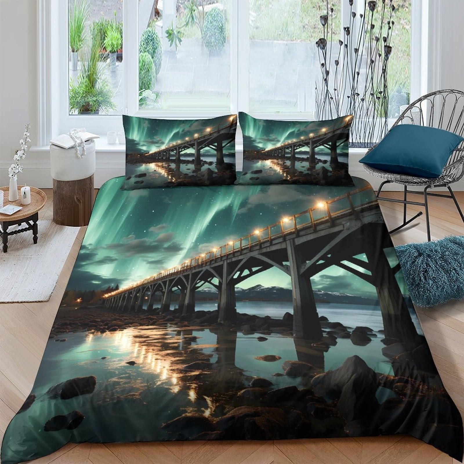 Ctjqhvkz Style-7 3D Printed Night Bridge Fitted Sheet Microfiber Soft Breathable Aurora River Bed Cover For Bedroom Dorm Decor Single（135X200cm）