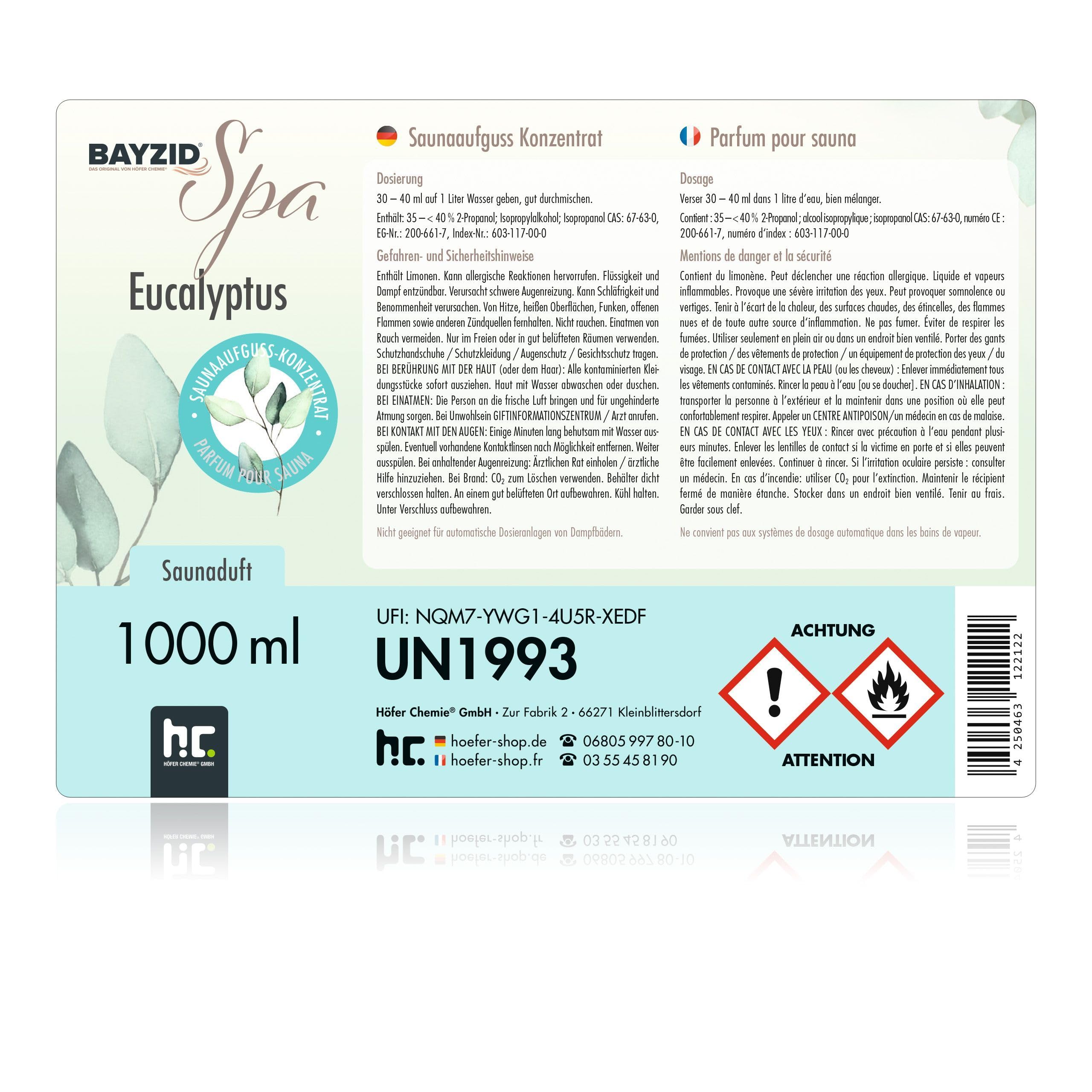 BAYZID® Spa Parfum Sauna Eucalyptus concentré d'infusion 1 L
