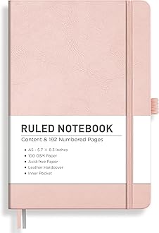 RETTACY Lined Journal Notebook, 192 Numbered Pages, A5 Medium Size (5.7'' x 8.3''), for Men & Women, Journaling, Writing, Work & Office, Leather Hardcover, 100 GSM Thick Paper (Rose Gold)